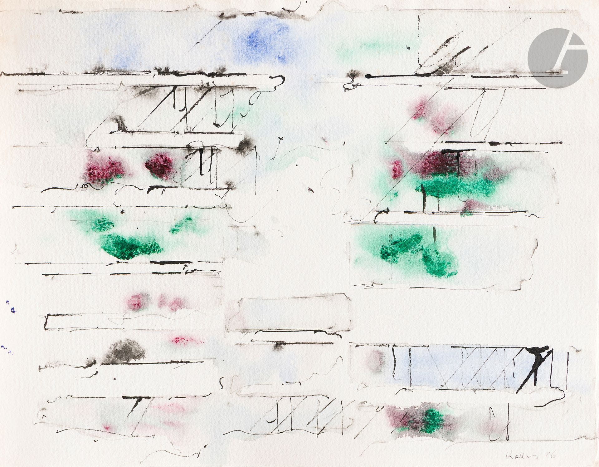 Paul KALLOS [hongrois] (1928-2001)
Architecture, 1986
Encre et aquarelle.
Signée et datée en bas à droite.
36 x 46 cm