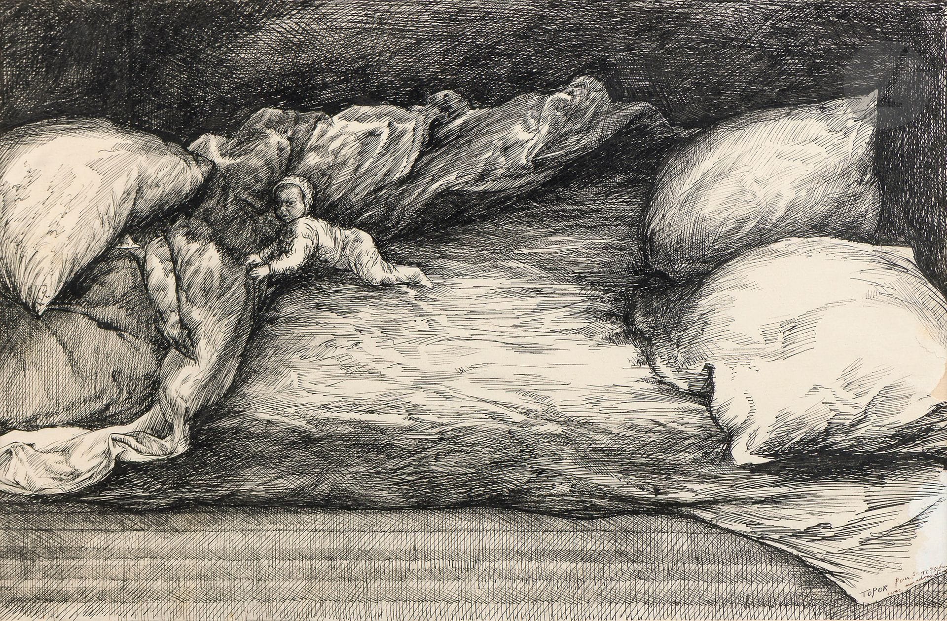 Roland TOPOR (1938-1997)
Lit et bébé
Encre.
Signée et dédicacée « Pour Sam Szafran avec mon admiration » en bas à droite.
(Petit manque de papier).
32 x 49,5 cm

Provenance : 
Collection Sam et Lilette Szafran.