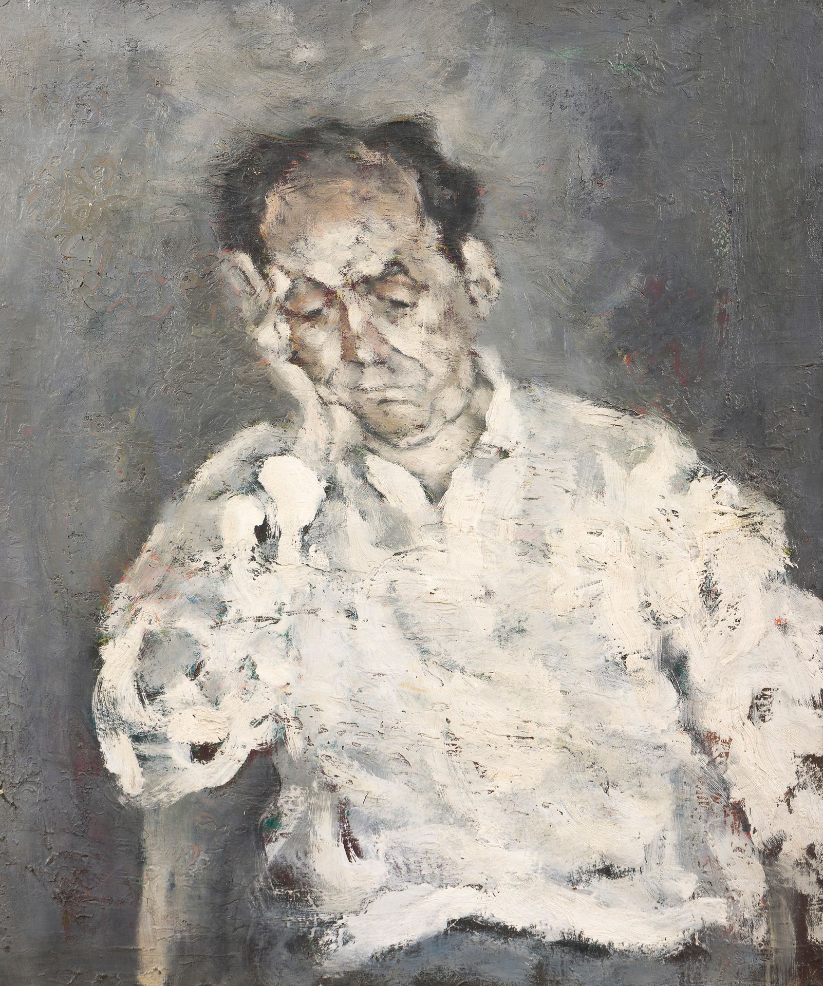 Paolo VALLORZ [Italian] (b. 1931) Portrait d'homme, circa 1960 Oil on canvas. Signed and dedicated "To Sam Szafran - très amicalement et avec beaucoup d'admiration" on the back. (Small loss). 65 x 54 cm Provenance: Sam and Lilette Szafran Collection.