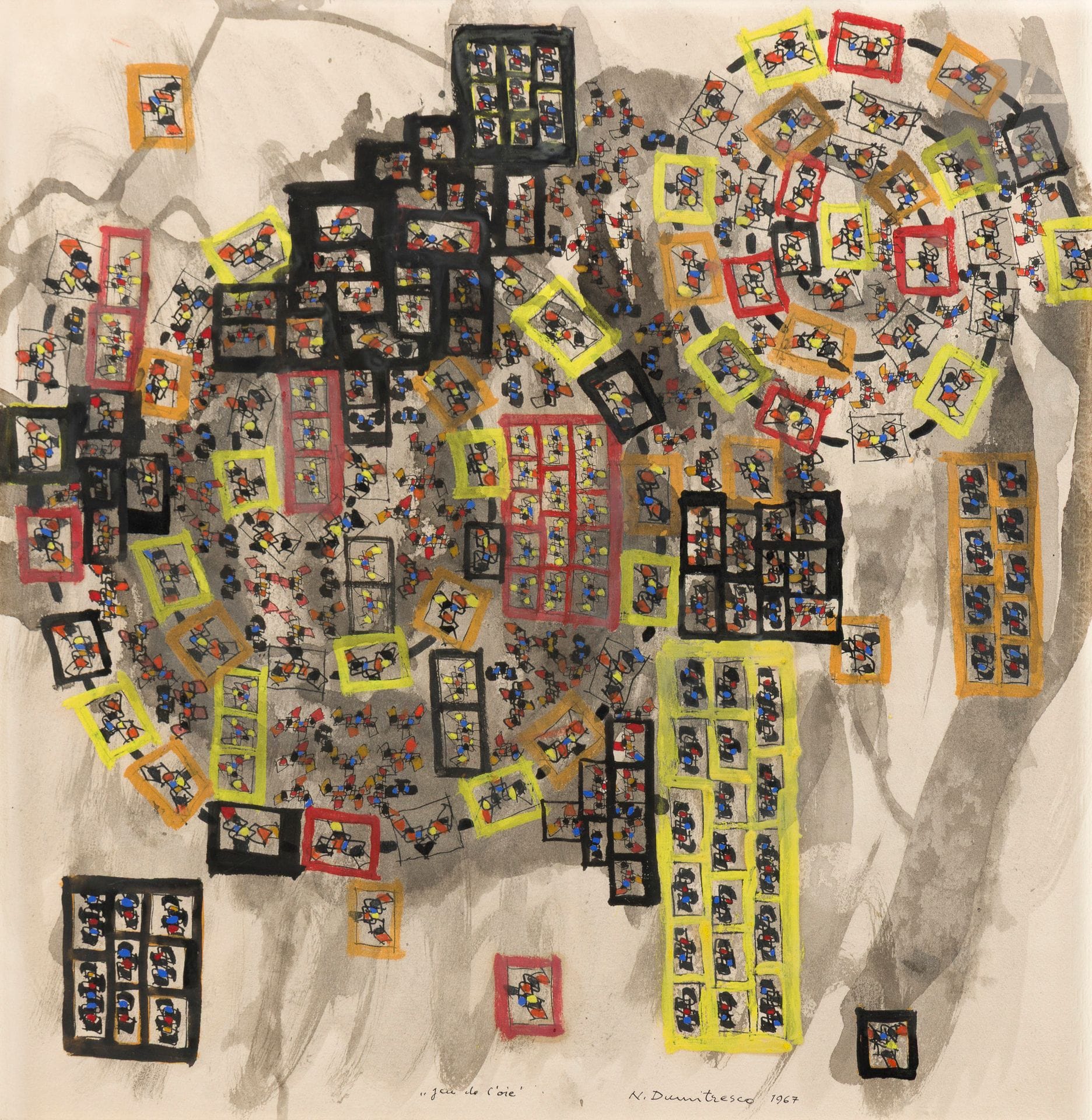 Natalia DUMITRESCO [Romanian] (1915-1997) Jeu de l'oie, 1967 Ink and gouache, signed, dated and titled at foot. 47.5 x 44 cm