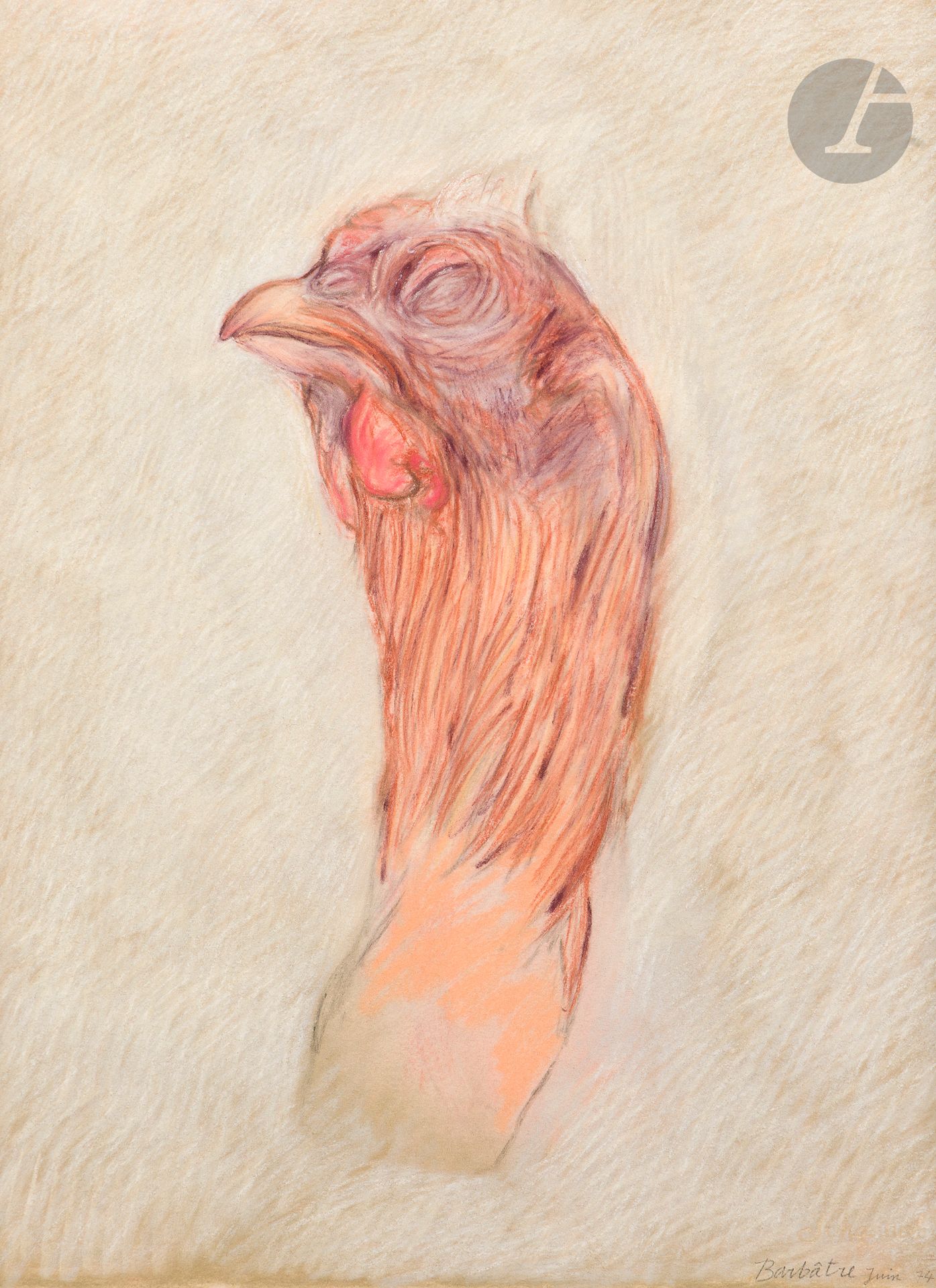 François BARBATRE (b. 1938) Chicken head, 1974 and 1975 3 pastels, signed and dated, one dedicated "to Sam Szafran, his alabaster friend". 65 x 50 cm each Provenance: Sam and Lilette Szafran Collection.