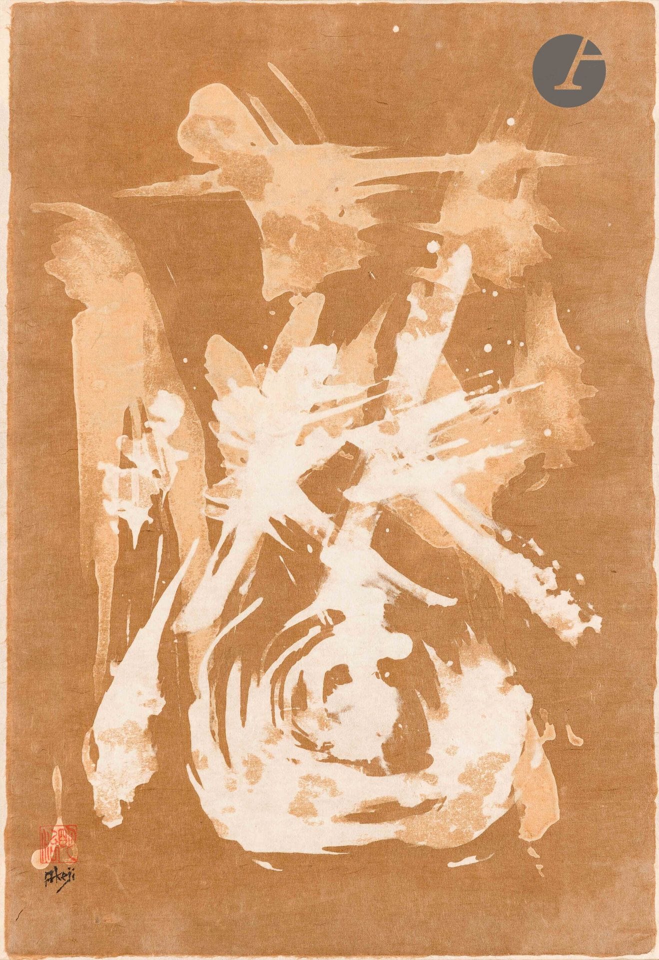 Sumiyoshi AKEJI [japonais] (1938-2018)
Tomo Kazuki
Pigments naturels sur papier contrecollé sur panneau.
Signé, monogrammé et timbre rouge en bas à gauche.
Signé et titré au dos.
47 x 32.5 cm