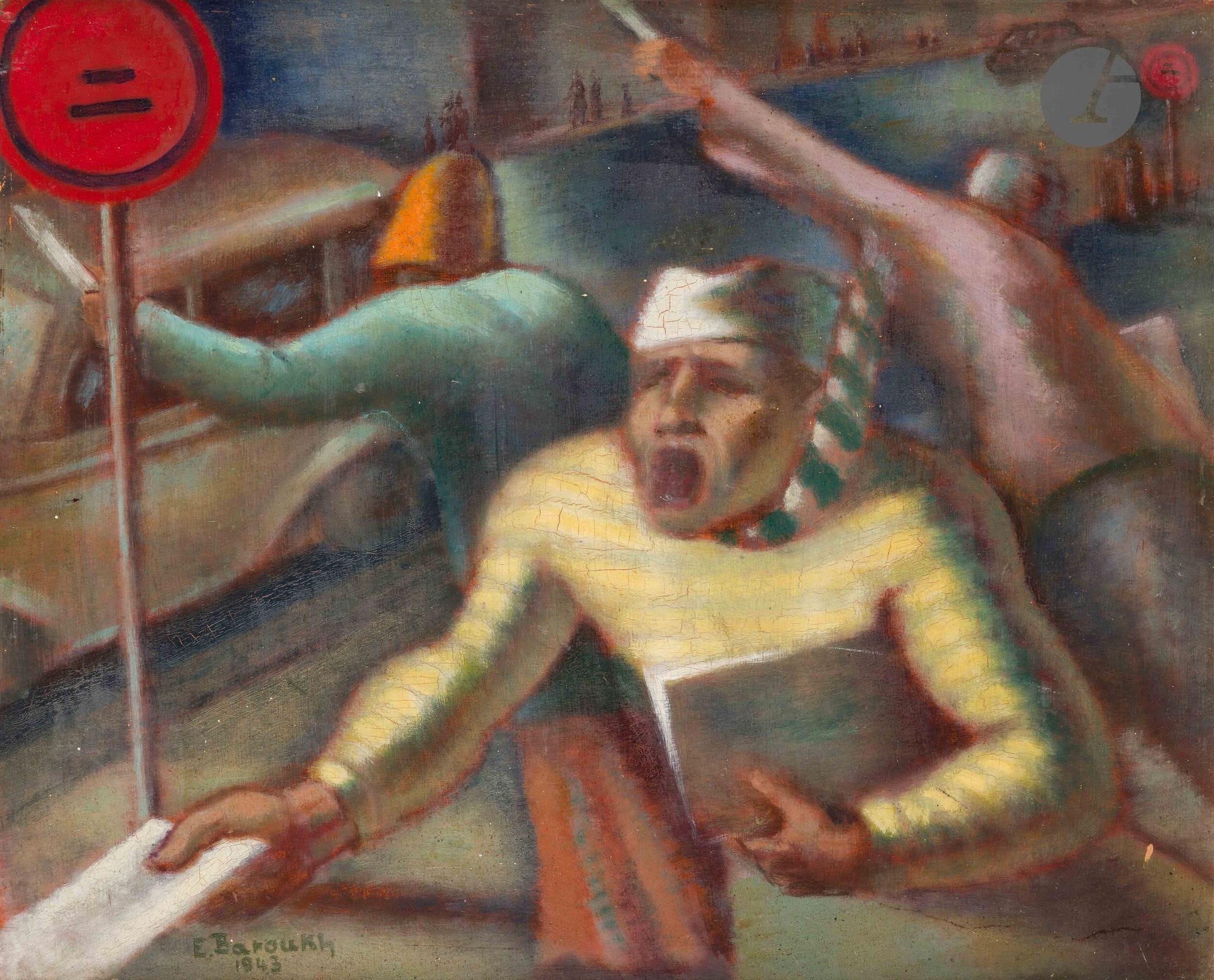 Ezekiel BAROUKH [égyptien] (1909-1984)
Les Camelots, 1943
Huile sur carton.
Signée et datée en bas à gauche.
Signée, titrée et située au dos.
55 x 45 cm