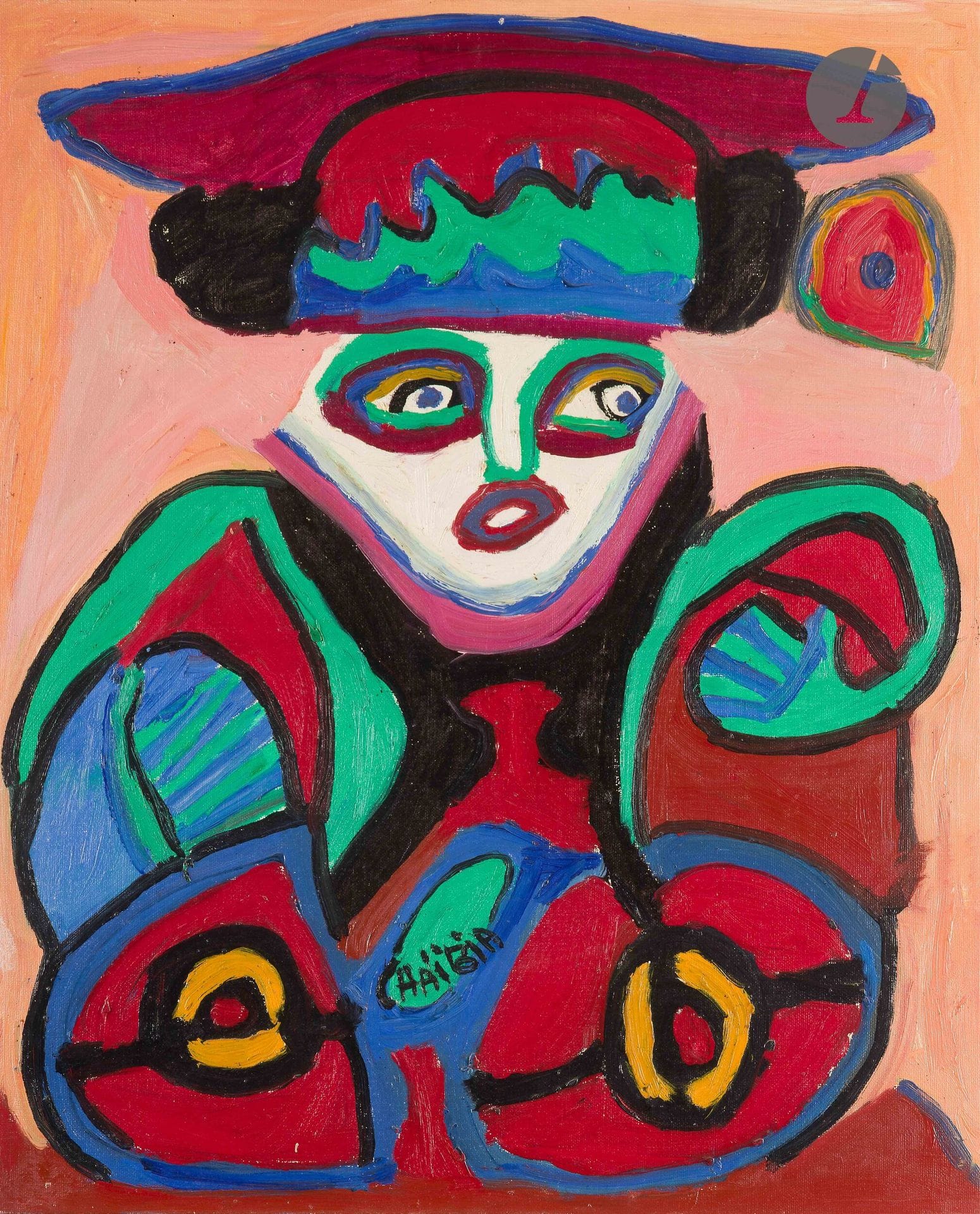 Chaïba TALAL [Moroccan] (1929-2004)
The Dreaming Man, 1977
Oil on canvas.
Signed at the bottom of the composition.
Signed, dated and titled on the back.
72 x 60 cm

Exhibition : 
FIAC, October 16-25, 1981, Paris (label on back).

Provenance :
Galerie L'Œil de bœuf, Paris. Acquired directly from the current owner.