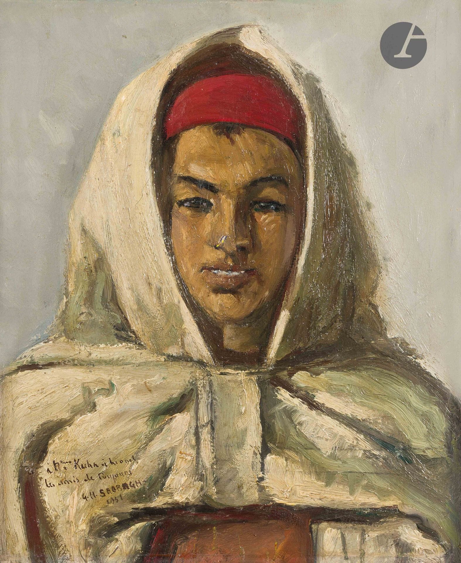 Georges SABBAGH [égyptien] (1887-1951)
Portrait de femme souriante, 1931
Huile sur toile.
Signée, datée et dédicacée en bas à gauche « à Mme Kuhn et Lionel/les amis de toujours/4.11 SABBAGH 1931»
46 x 38 cm