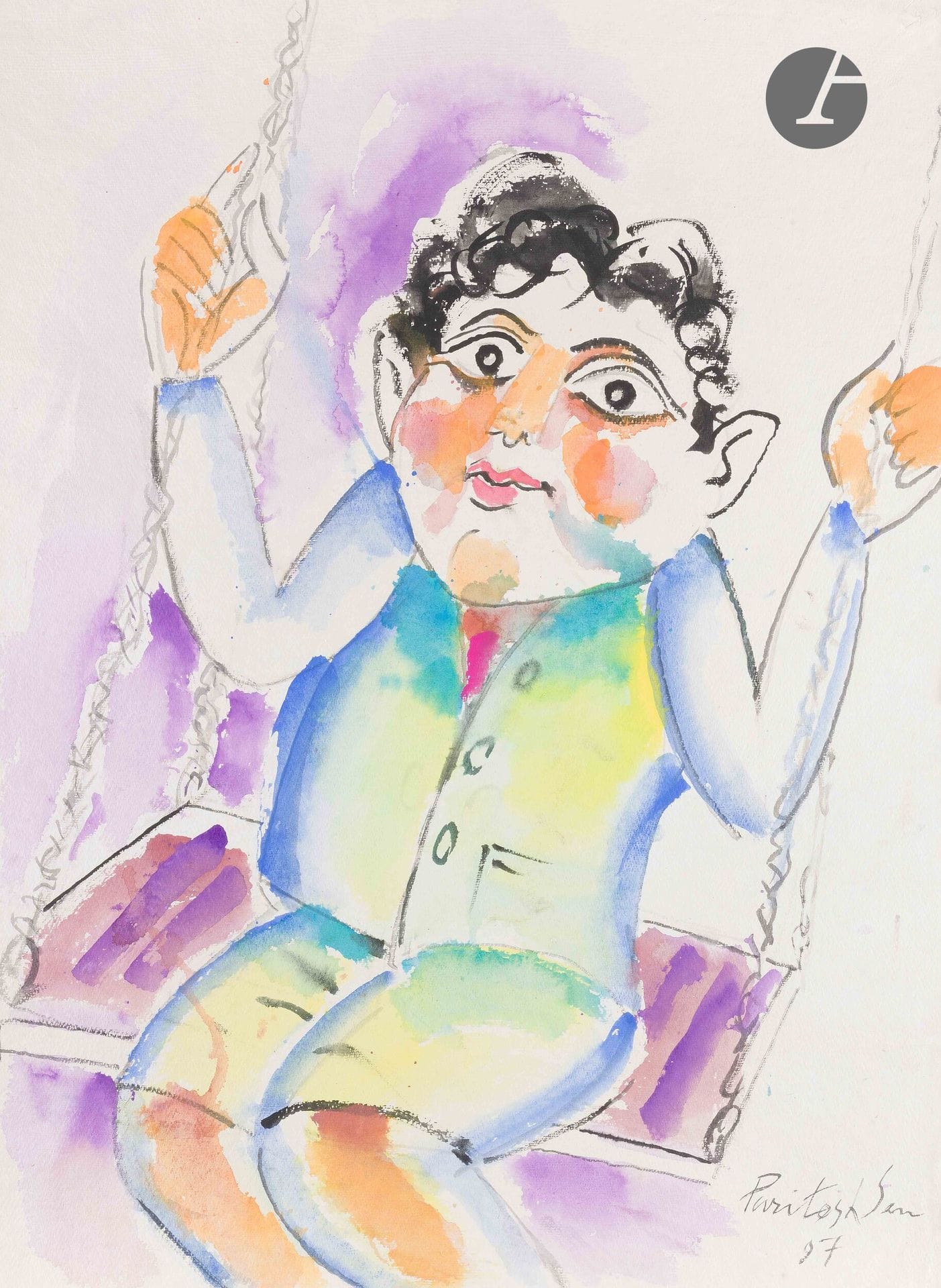 Paritosh SEN [indien] (1918-2008)
Homme à la balançoire, 1997
Aquarelle sur papier.
Signée et datée en bas à droite.
75 x 56 cm
