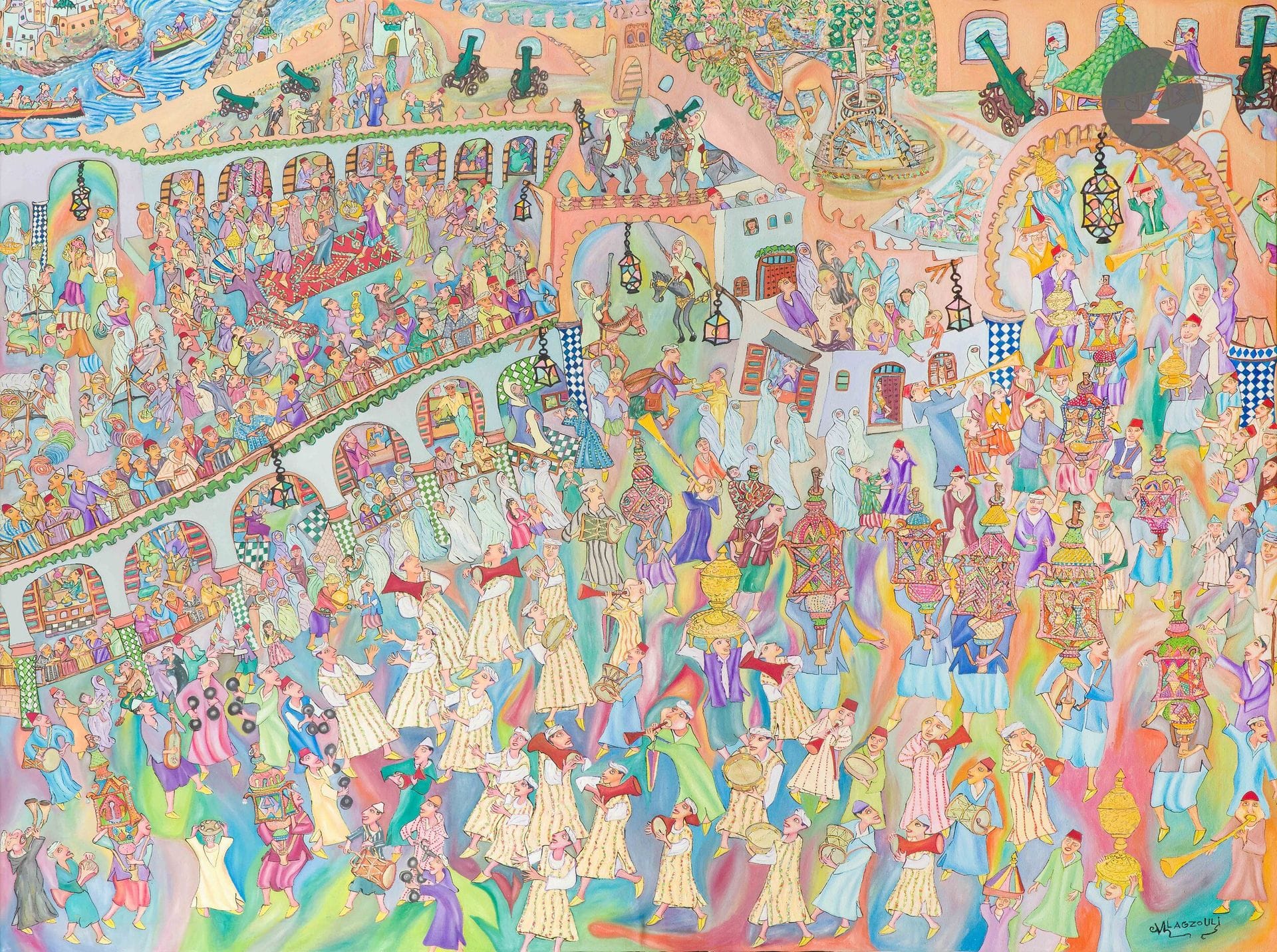 Mohamed LAGZOULI [marocain] (1937-2015)
La Fête, 1998
Huile sur toile.
Signée en bas à droite.
Datée au dos.
130 x 172 cm