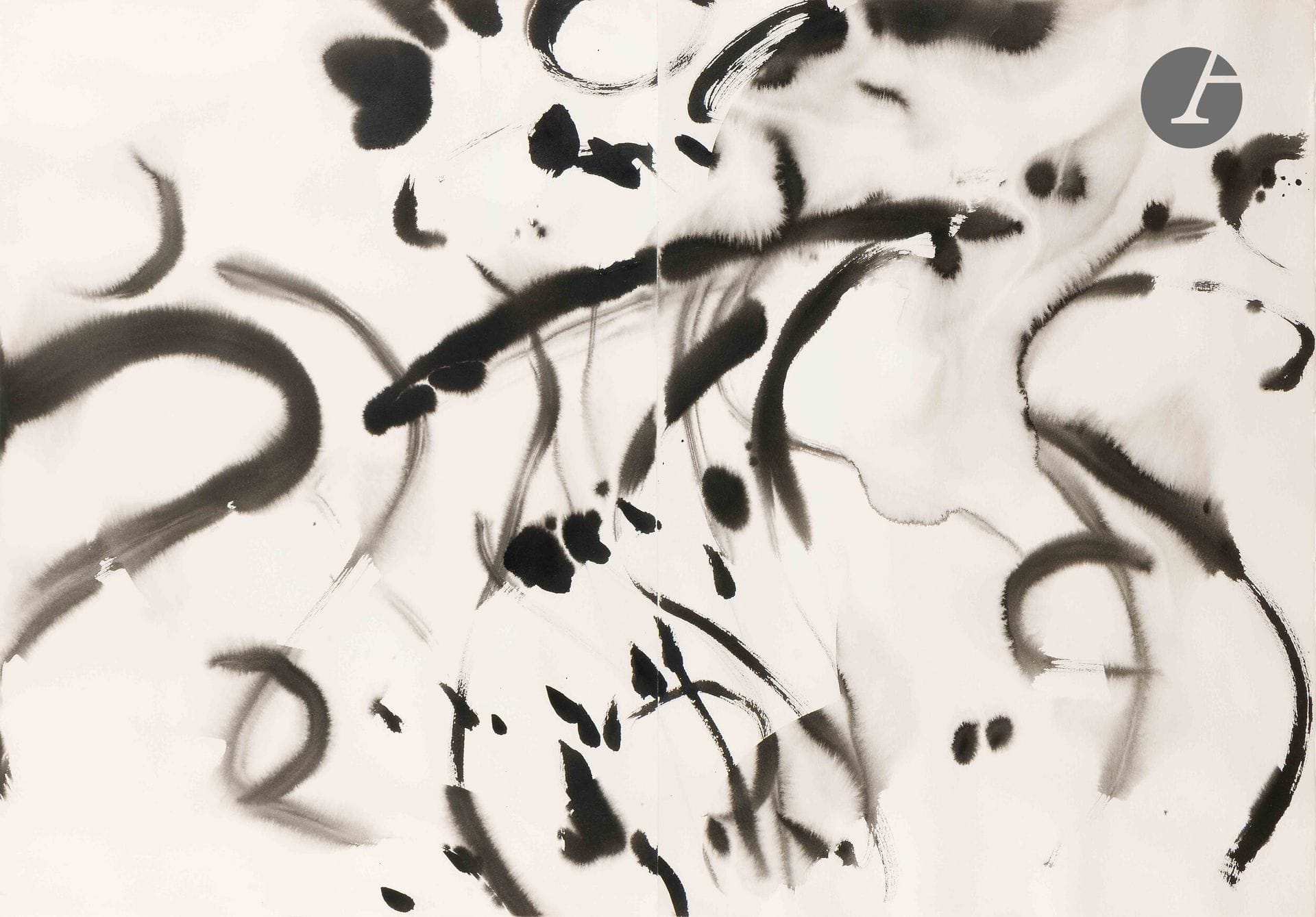 T'ANG Haywen [Chinese] (1927-1991)
 Untitled, circa 1985
Ink on Arches - Diptych.
70 x 100 cm

Provenance :
- Sale of the studio. 
- Galerie Jacques Barrère, Paris. 

 This work will be included in the Catalogue Raisonné of T'ang Haywen being prepared by T'ang Haywen Archives and M. Philippe Koutouzis under number LDI-AR-94.