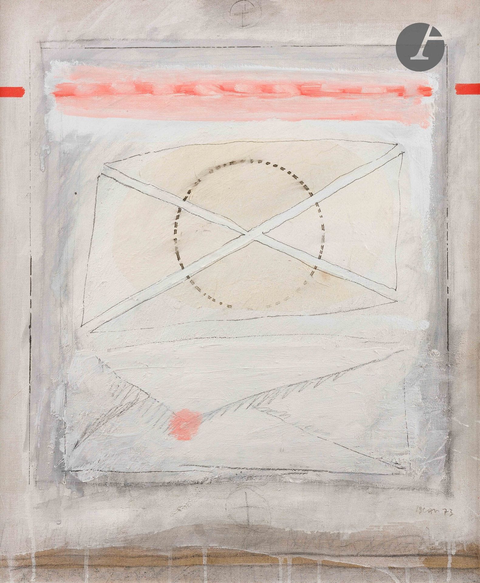 Ferit ISCAN (1931-1986)
Deux lettres, deux sceaux, 1973
Huile et encre sur toile.
Signée et datée en bas à droite.
Signée, datée et titrée sur le châssis.
65 x 55 cm

Provenance : 
Famille de l’artiste.