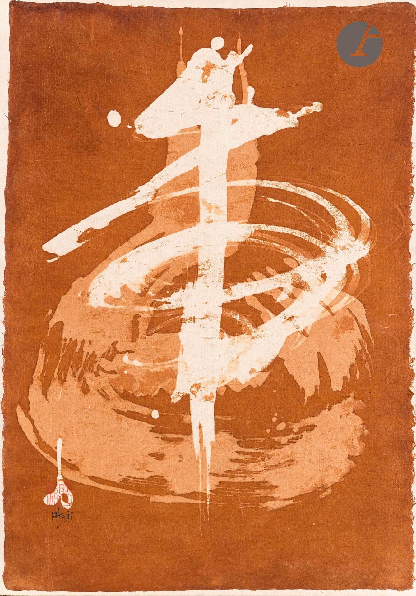 Sumiyoshi AKEJI [Japanese] (1938-2018)
Haku Tei, The White Emperor
Natural pigments on paper mounted on panel.
Signed, monogrammed and stamped in red lower left.
Signed and titled on the back.
45.5 x 32 cm