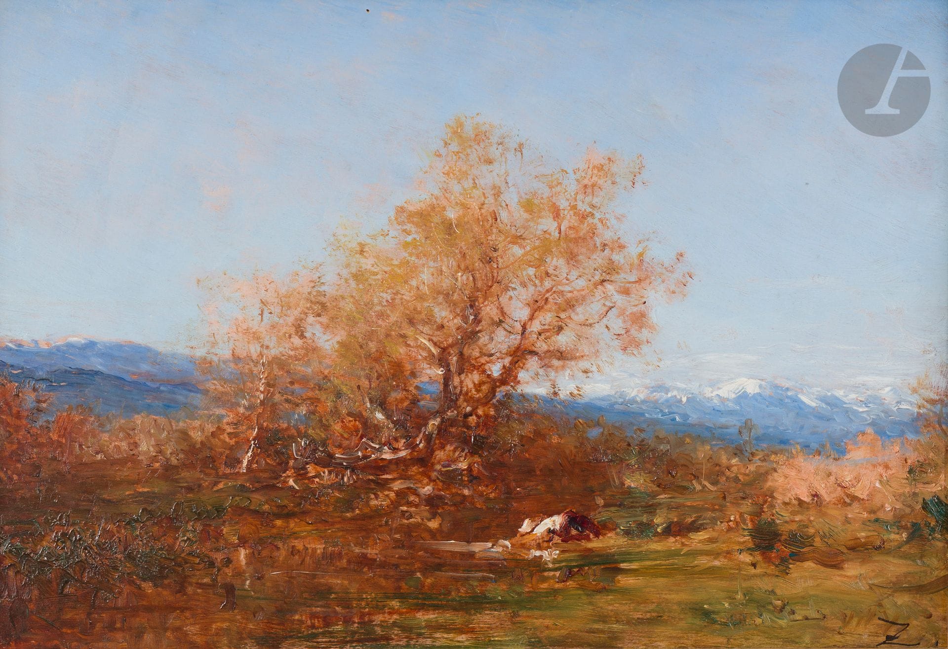 Félix ZIEM (1821-1911)
Automne, vue sur une chaîne de montagne
Huile sur panneau.
Monogrammée en bas à droite.
(Trous de xylophage).
40 x 57,5 cm

Provenance : 
Collection de Monsieur R., Paris