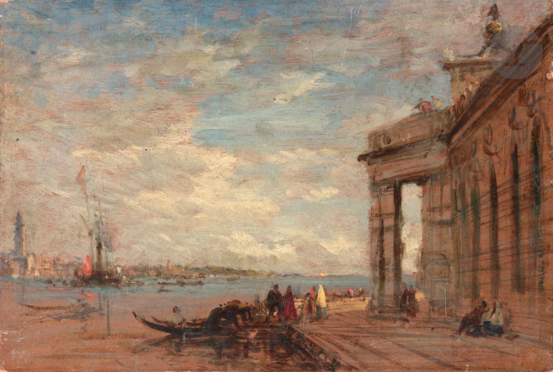 Félix ZIEM (1821-1911)
Venise, la pointe de la Douane
Huile sur carton.
Timbres de l'atelier en bas à droite et deux fois au dos.
37 x 55,5 cm

Provenance : 
Collection de Monsieur R., Paris.

Œuvre en rapport :
Anne Burdin-Hellebranth, Félix Ziem (1821-1911), Catalogue raisonné, Tome I, 1998, La pointe de la Douane, aquarelle, 24 x 31 cm, signée en bas à droite, n° 1003, reproduit p. 404.