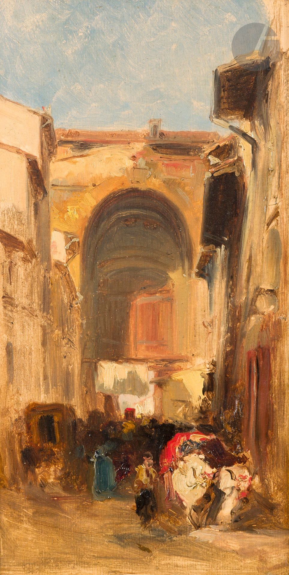 Félix ZIEM (1821-1911)
Italie, scènes de rue
Huile sur papier contrecollé sur toile.
Non signée.
Cachet à la cire rouge sur le châssis non identifié.
32 x 17 cm 

Provenance : 
Collection de Monsieur R., Paris.