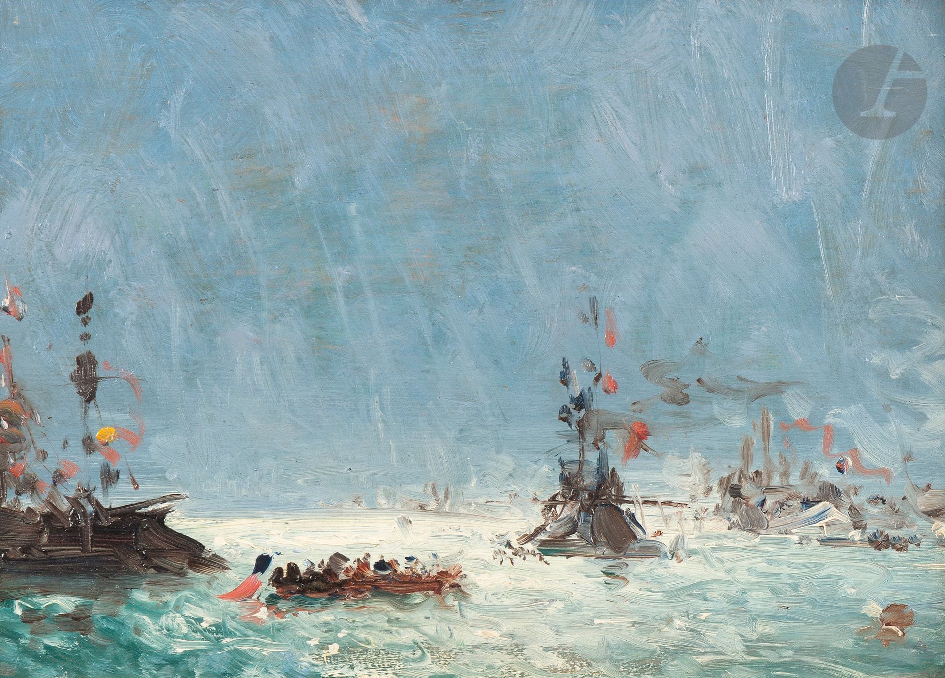 Félix ZIEM (1821-1911)
L'Arrivée de l'escadre à Villefranche
Huile sur panneau.
Signée au dos.
Trace du timbre en bas à droite.
18,5 x 27,5 cm

Provenance : 
Collection de Monsieur R., Paris.