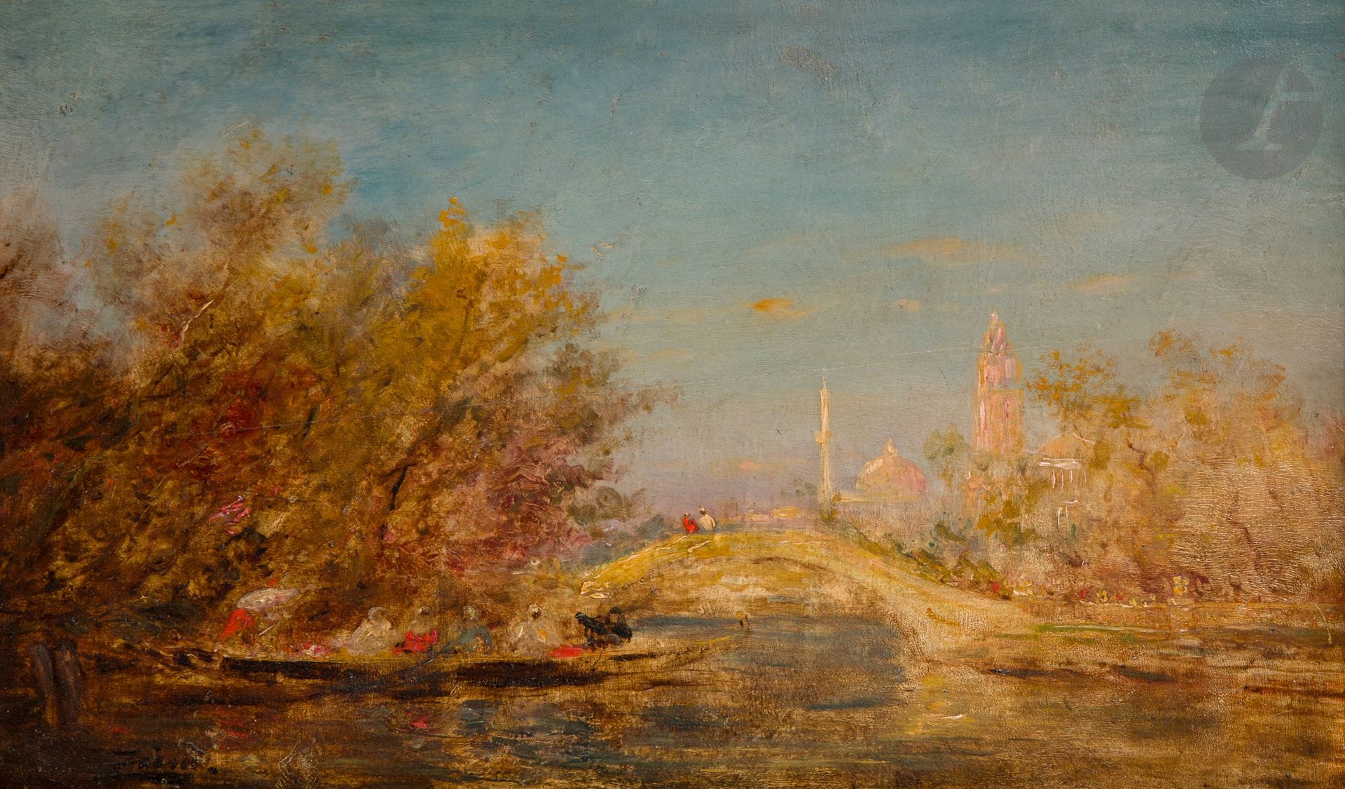 Félix ZIEM (1821-1911)
Istanbul, animated bridge and view of Sainte-Sophie
Oil on panel.
Signed lower left.
(Crack).
21 x 35.5 cm

Provenance : 
Collection of Monsieur R., Paris.