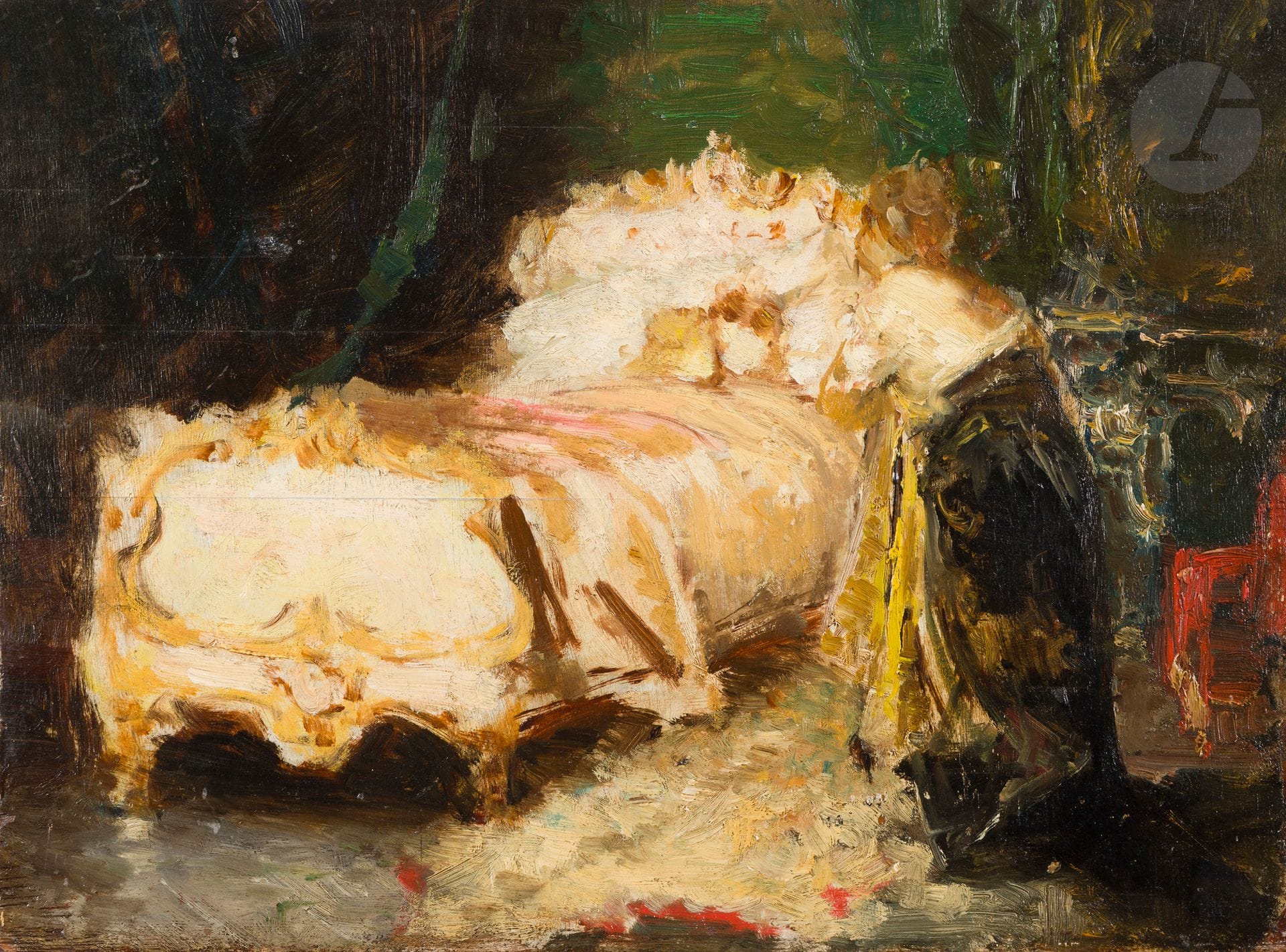 Félix ZIEM (1821-1911)
Mère et son enfant au lit
Huile sur panneau.
Non signée.
29 x 39 cm

Provenance : 
Collection de Monsieur R., Paris.