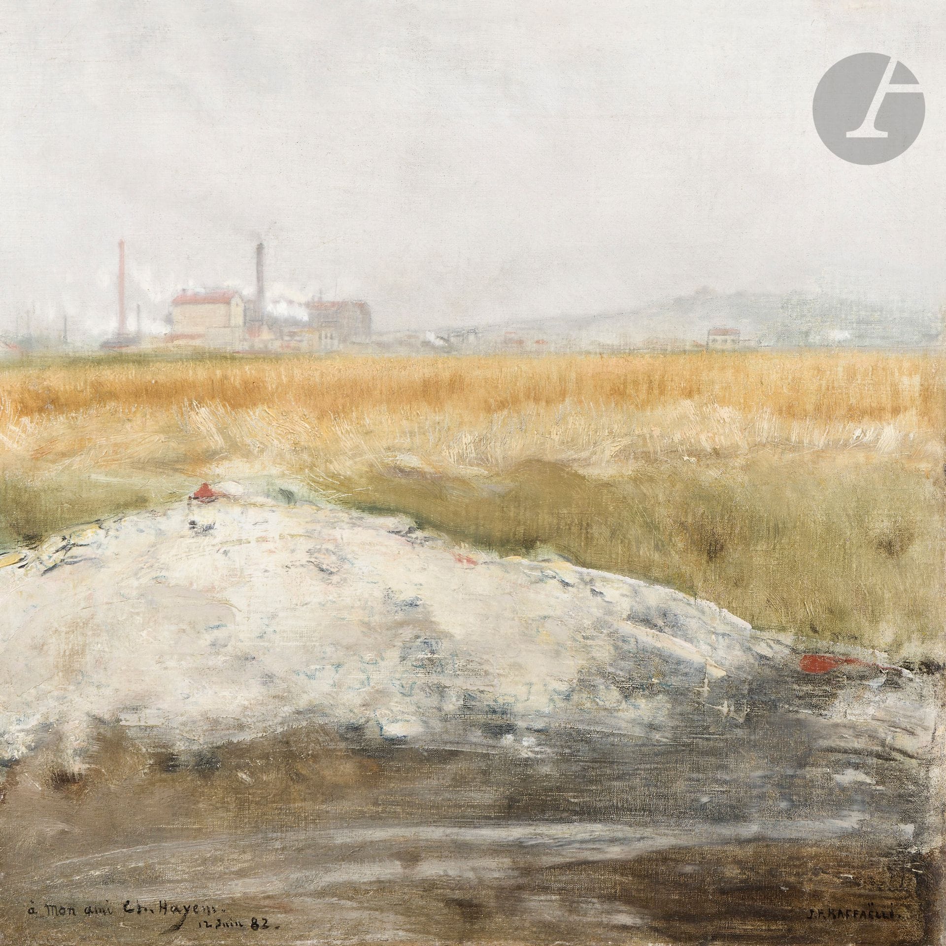 Jean-François RAFFAËLLI (1850-1924)
Paysage à l'usine, 1883
Huile sur toile.
Signée, datée "12 juin 83" et dédicacée "à mon ami Ch. Hayem".
35 x 35 cm

Provenance : 
- Collection Charles Hayem, Paris. Acquis directement auprès de l'artiste.
- Vente Collection Mme Hayem, Me Brodu, Hôtel Drouot, Paris, 7 avril 1924, n° 59, sous le titre Les Fabriques, non reproduit (fragment d'étiquette au dos).
- Galerie J. Allard, Paris. Acquis lors de cette dernière.
- Galerie Georges Petit, Paris.
- Dissolution de la Société anonyme des Galeries Georges Petit (quatrième vente), Mes Baudoin-Bellier, Hôtel Drouot, Paris, 15 décembre 1933, catalogue, n° 104, sous le titre Paysage de banlieue, reproduit (étiquette au dos).
- Collection Madame P., Paris.

Expositions : 
- Œuvres de Jean-François Raffaëlli, 28 bis avenue de l'Opéra, Paris, 15 mars-15 avril 1884, catalogue, n° 127, sous le titre Le paysage de Saint-Ouen, non reproduit. 
- Œuvres de J.-F. Raffaëlli, Galerie Simonson, Paris, 5-20 novembre 1929, catalogue, n° 19.