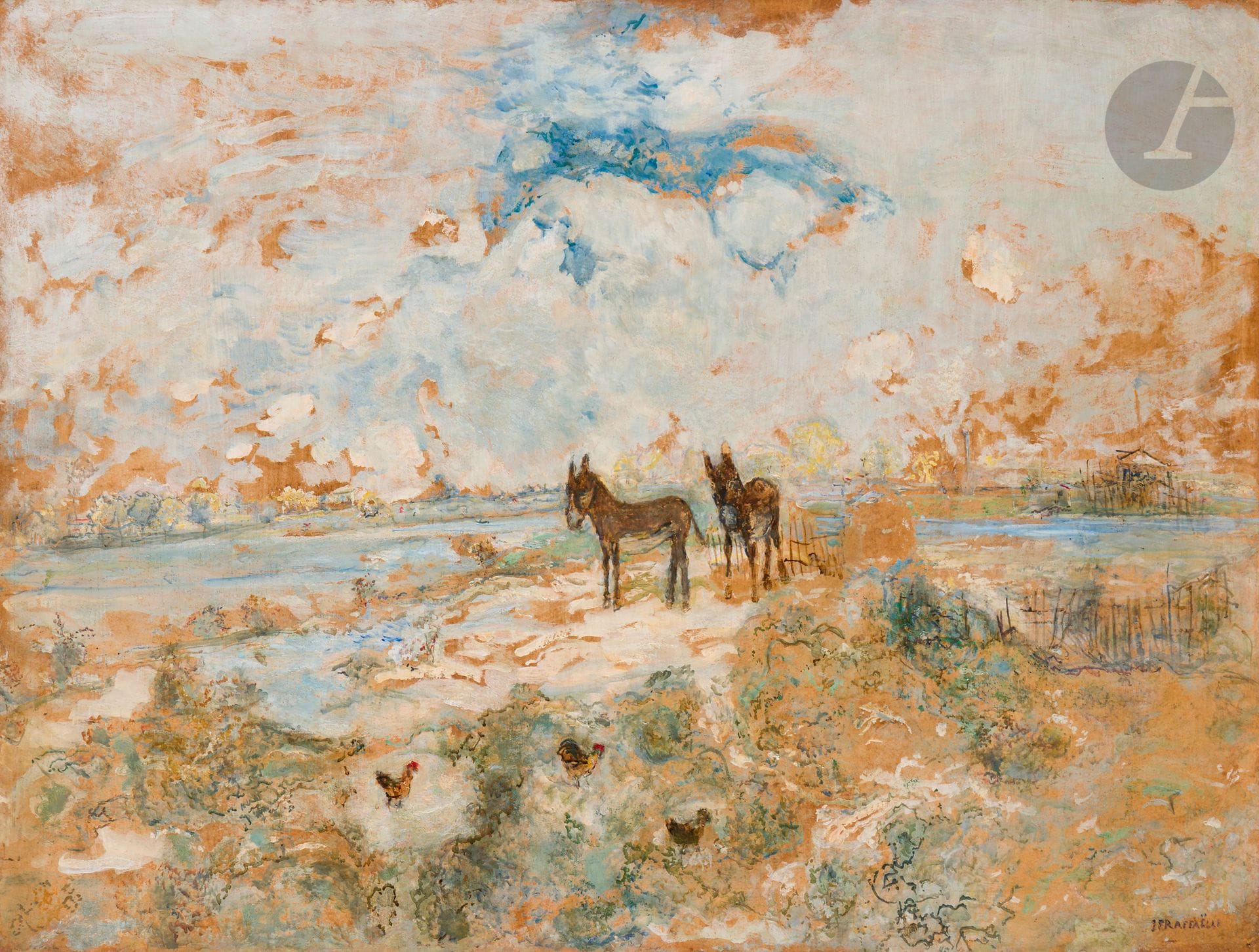 Jean-François RAFFAËLLI (1850-1924)
Les Deux ânes
Huile sur carton.
Signée en bas à droite.
64,5 x 86,5 cm

Provenance :
Collection Madame P., Paris.	

Cette œuvre a probablement été présentée à l'exposition Œuvres de Jean-François Raffaëlli organisée par l'artiste au 28 bis avenue de l'Opéra, Paris, 15 mars-15 avril 1884, catalogue, n° 38, sous le titre Les Petits Ânes, non reproduit.