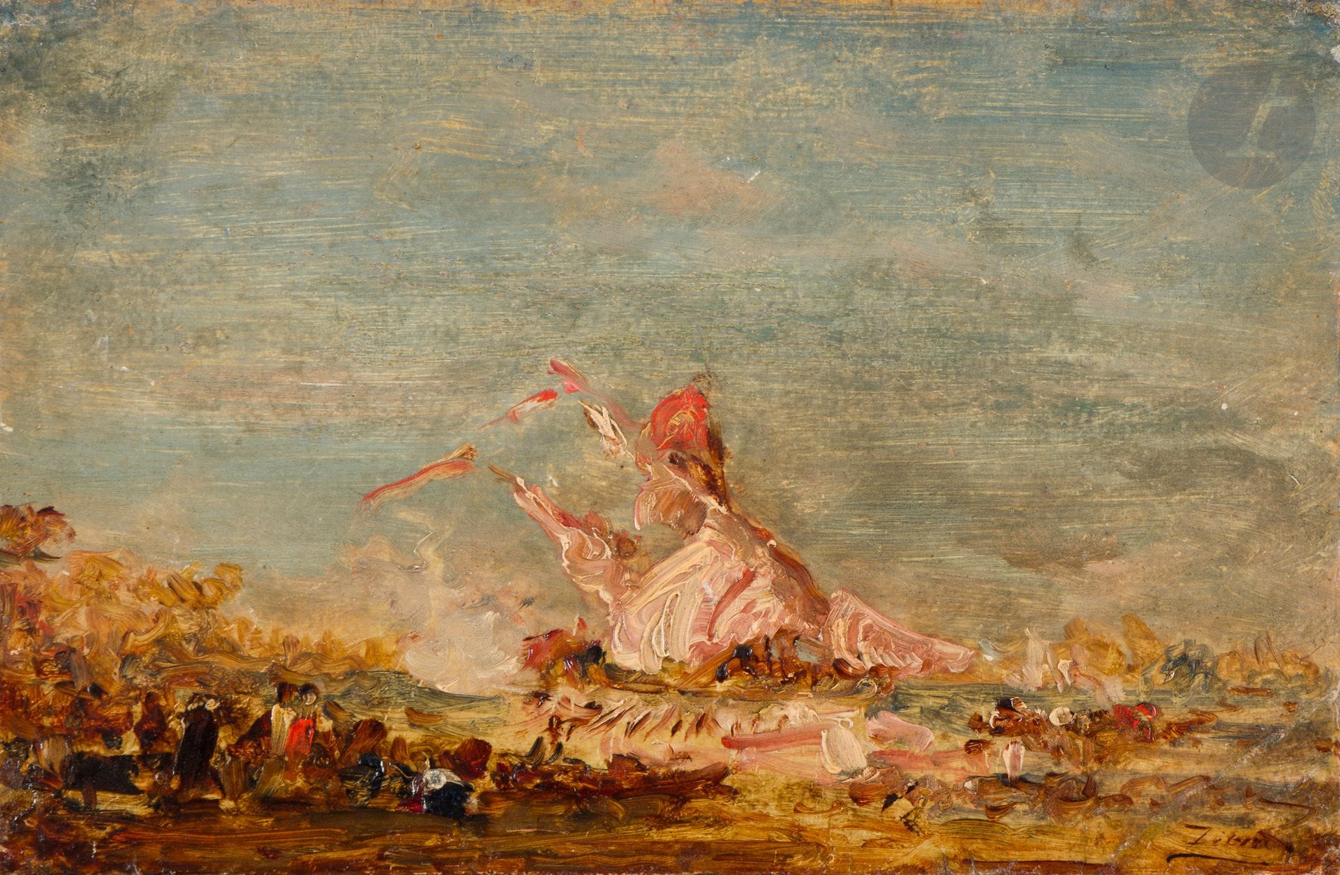 Félix ZIEM (1821-1911)
Les Caïques
Huile sur carton contrecollé sur panneau.
Signée en bas à droite.
(Restaurations).
16 x 24 cm

Provenance : 
Collection de Monsieur R., Paris.