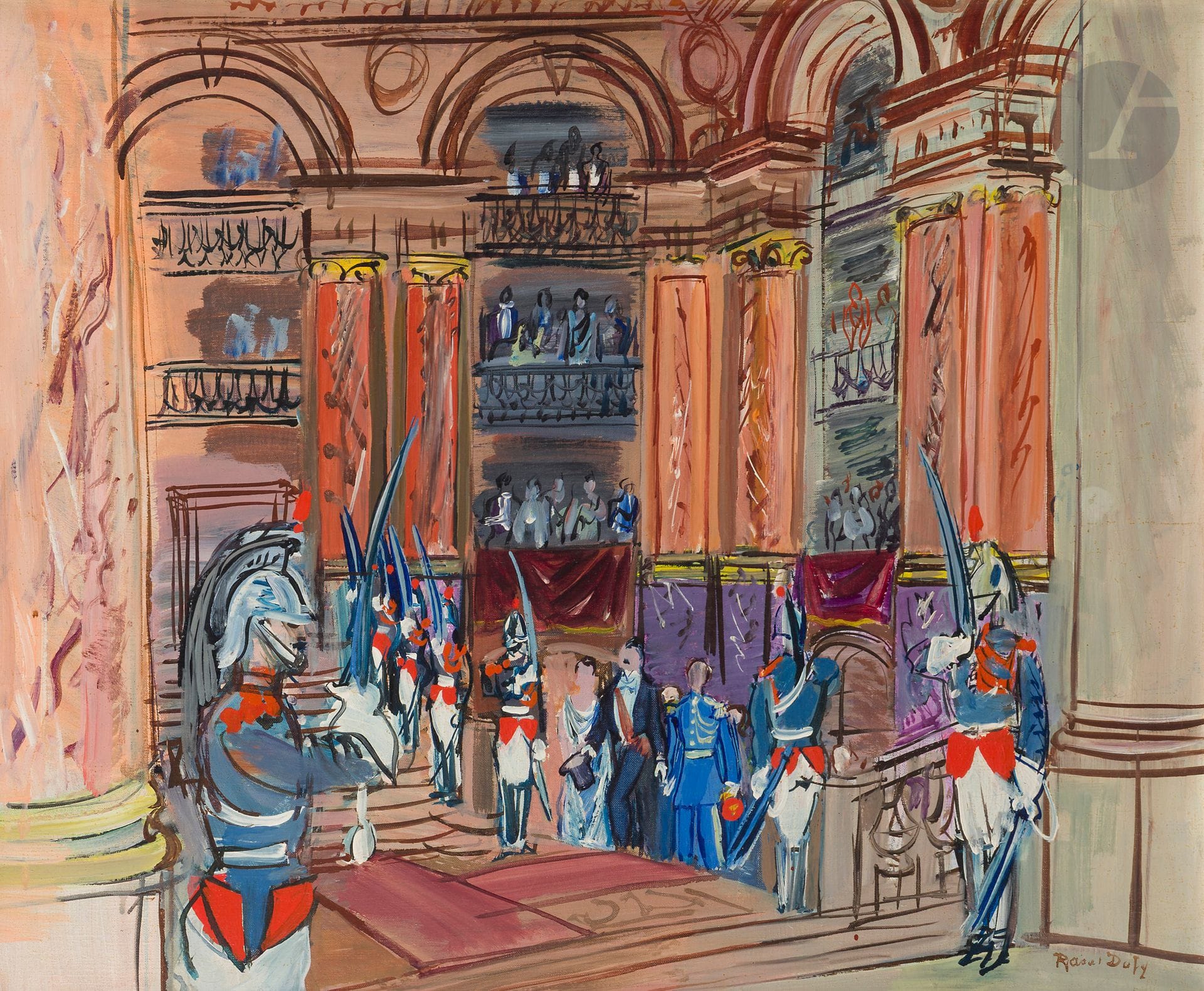 Raoul DUFY (1877-1953)
Soirée de gala à l'Opéra, 1934-35
Huile sur toile.
Signée en bas à droite.
54 x 65 cm

Provenance : 
- Galerie Fanny Guillon Laffaille, Paris (étiquette de transport sur le châssis).
- Galerie Alex Maguy, Paris (étiquette sur le châssis).

Exposition : 
Raoul Dufy, le peintre, la décoration et la mode des années 1920-1930, Académie de France, Rome, 24 octobre 1995-7 janvier 1996.

Bibliographie : 
Maurice Laffaille, Catalogue Raisonné de l'œuvre peint par Raoul Dufy, Tome IV, n° 1567, p. 133, reproduit.