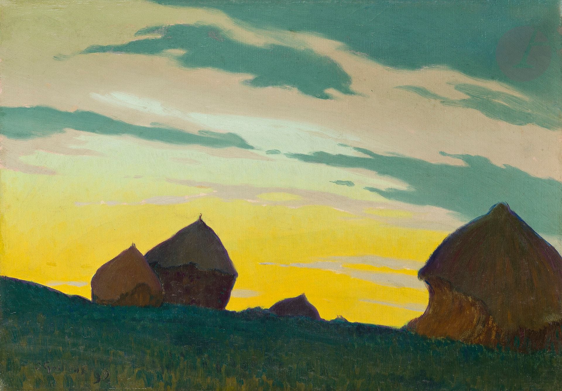 Charles Victor GUILLOUX (1866-1946)
Paysage aux meules, 1892
Huile sur toile.
Signée et datée en bas à gauche.
(Petites usures).
33 x 46 cm

Provenance : 
- Probablement vente Me André Desvouges, Hôtel Drouot, Paris, 3-4 juin 1920, n° 125, sous le titre Les Meules.
- Collection particulière, Paris.
- Vente Ader-Picard-Tajan, Drouot Montaigne, Paris, 22 novembre 1989, catalogue, n° 11, reproduit p. 16.

Cette œuvre a probablement été présentée à la 3ème exposition des Peintres Impressionnistes & Symbolistes, Galerie Le Barc de Boutteville, Paris, novembre-décembre 1892, n° 50, sous le titre Les Meules (thème et variations).