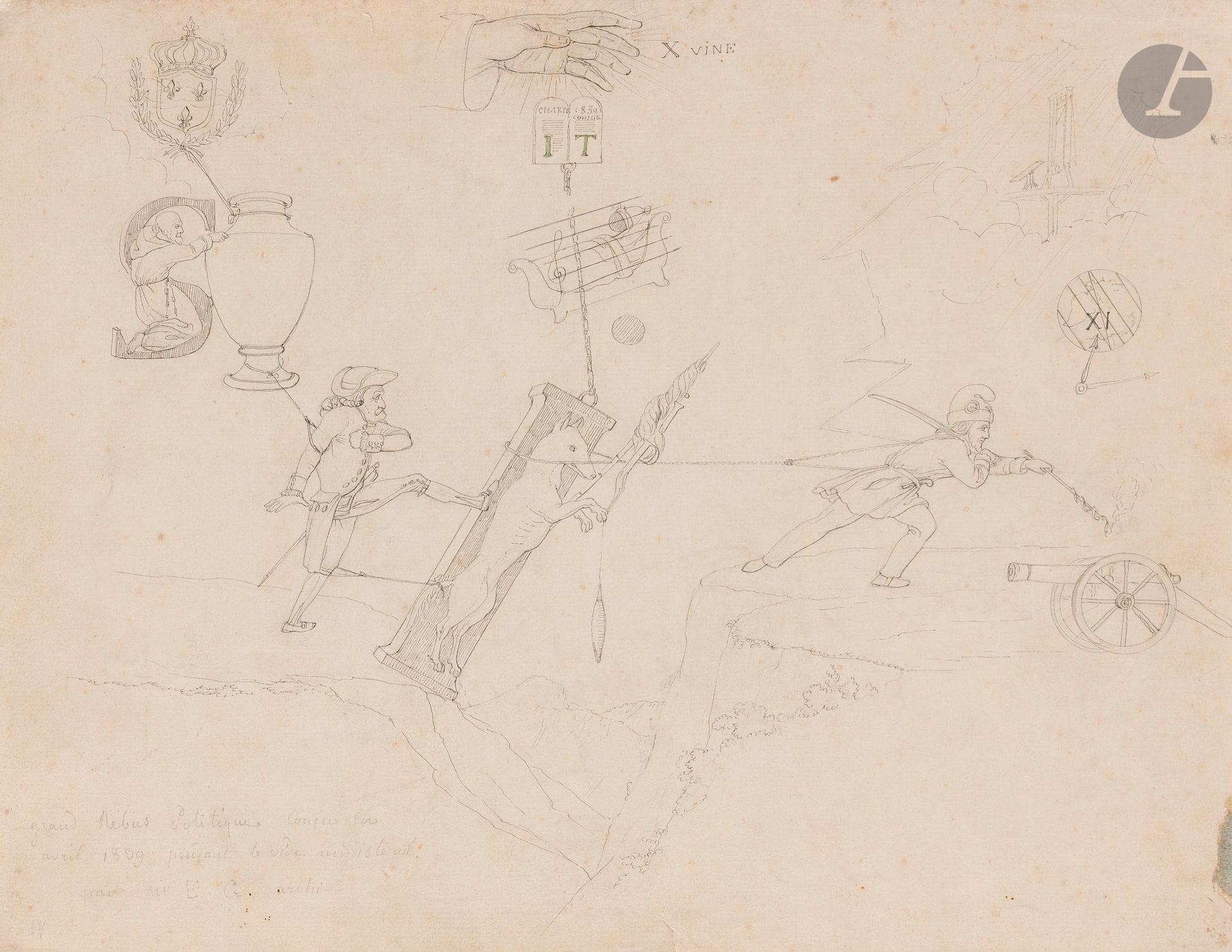 FRENCH ECOLE circa 1840
Political rebus 
Pen and black ink over black pencil lines.
Annotated lower left: "Grand rébus politique conçu en avril 1839 pendant le vide ministériel par Monsieur E. G., architecte". And on verso in black pencil: "La main divine soutenue par la charte/l'espérance attachée à la royauté retentient le gouvernement que Louis Philippe entraîne dans l'abîme s'il ne reste pas attaché à la légalité et au soutien de la main divine, il sera entraîné vers la Révolution".
(Insolate, foxing and small tears).
27.2 x 34.5 cm