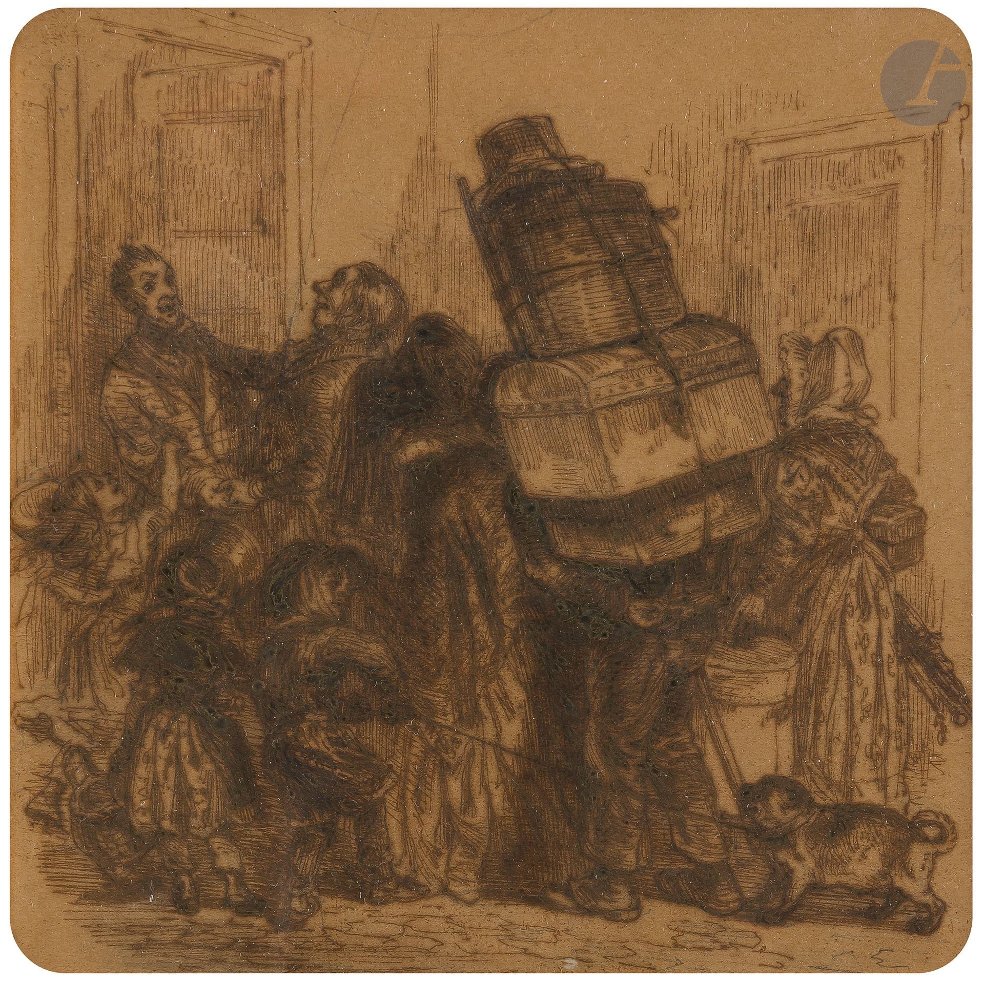 Jean Ignace Isidore GRANDVILLE (1803 - 1847)
Small miseries: Provincial parents
Pen, brown ink and brown wash.
Dry-stamp of the studio sale below the margin (Lugt 1478a).
(Paper damaged by iron gall ink).
12 x 11.5 cm