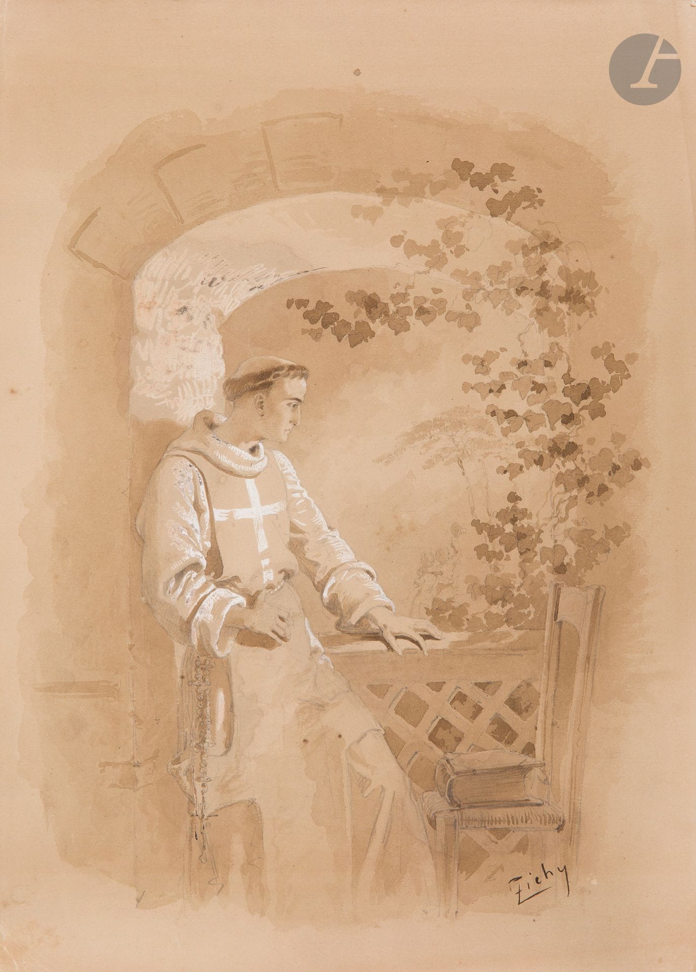 Mihály von ZICHY (1827 - 1906)
Moine à la fenêtre
Lavis d’encre et rehauts de gouache blanche sur traits de mine de plomb.
(Plis, traces d’oxydations et rousseurs).
35,5 x 25 cm