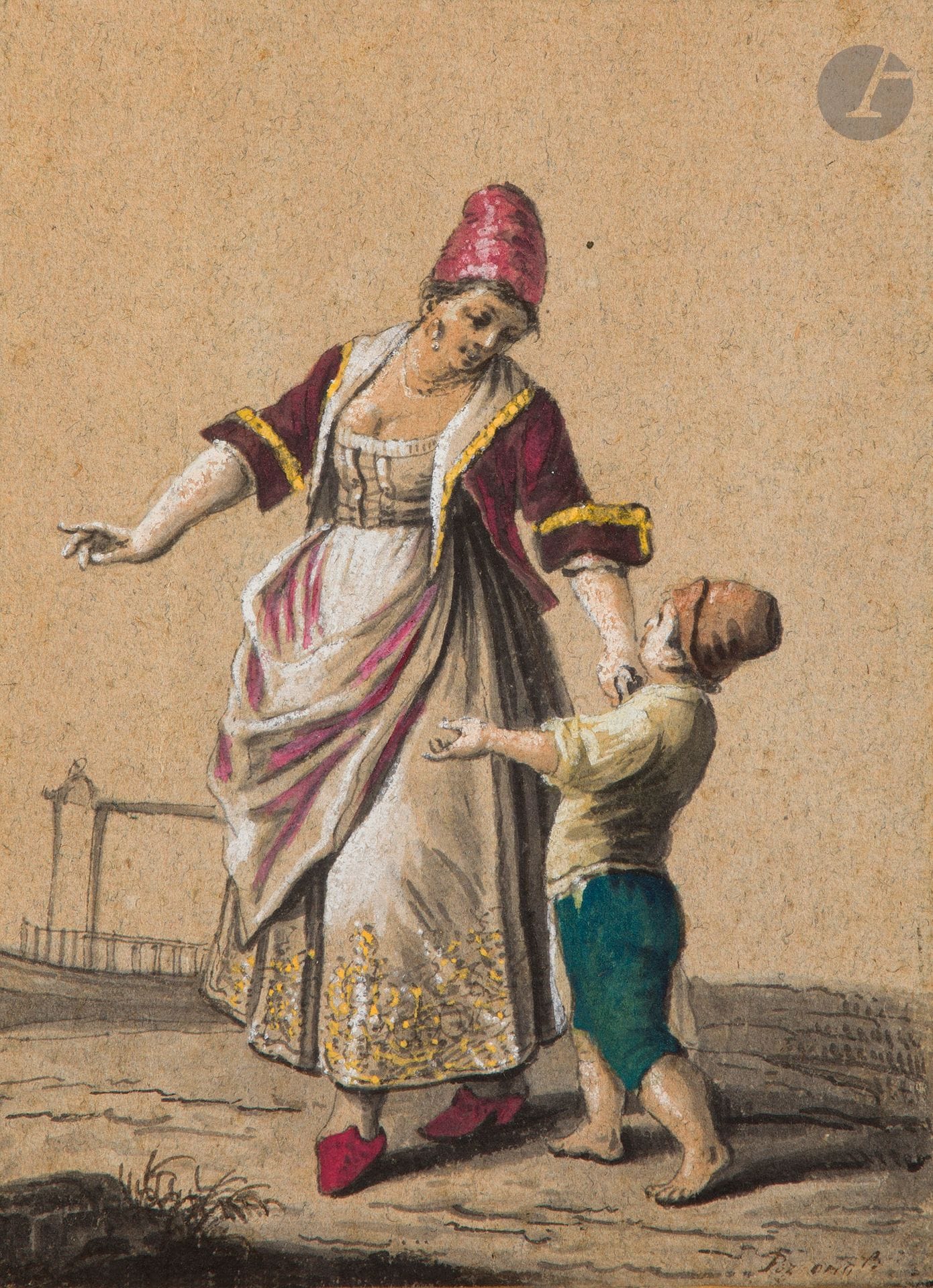 19th century ITALIAN COLLECTION
Greek Woman and Child
Pen, gray ink, gray wash and gouache highlights.
Indistinctly annotated lower right.
18 x 13.5 cm