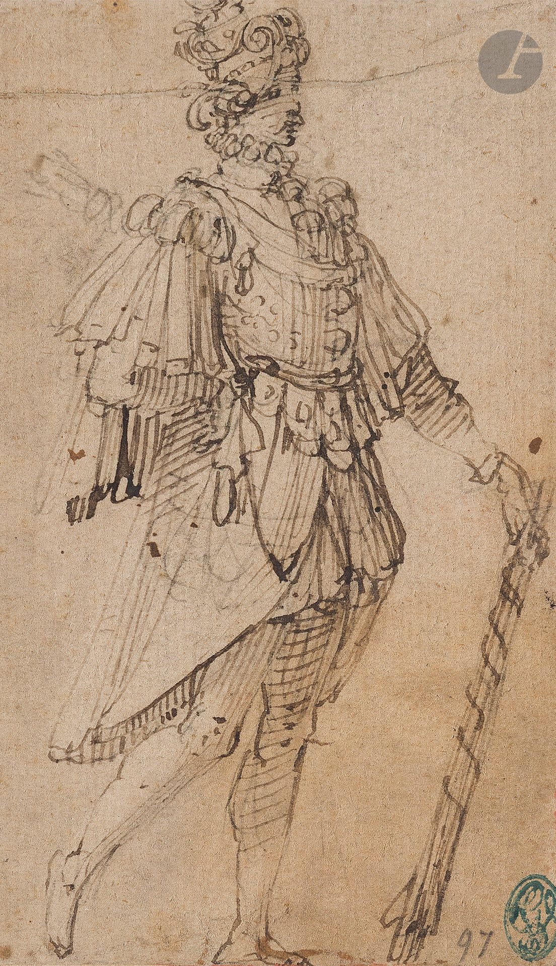 Entourage de Bernardino CAMPI (Reggio d’Émilie 1520 - 1591)
Étude d’homme en pied
Plume et encre brune sur traits de crayon noir.
(Dessin doublé, pliure dans le haut et petites taches).
11,3 x 6,6 cm

Provenance:
Ancienne collection G. Vallardi, son cachet en bas à droite (Lugt 1223).
