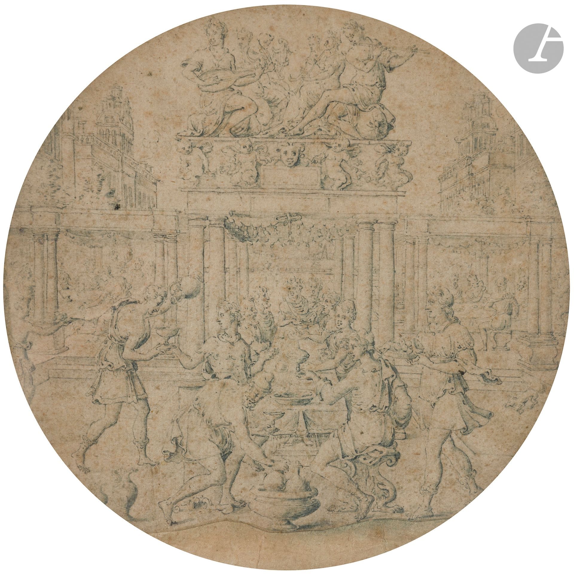Entourage d’Antoine CARON(Beauvais 1521 - Paris 1599)
Le Banquet d’Assureus
Plume et encre indigo.
(Important manque dans le bas (1,5 x 9 cm), légèrement insolé, rousseurs et petites taches).
Diamètre : 15,7 cm

Notre dessin est une copie réinterprétée d’une composition d’Antoine Caron conservée au Städel Museum de Francfort-sur-le-Main (inv.3897 Z). Un autre dessin de la même main que le nôtre, lui aussi d’après une composition d’Antoine Caron représentant Bagathan et Thares, est conservé au musée des Beaux-Arts de Rennes (inv.794.1.2574).