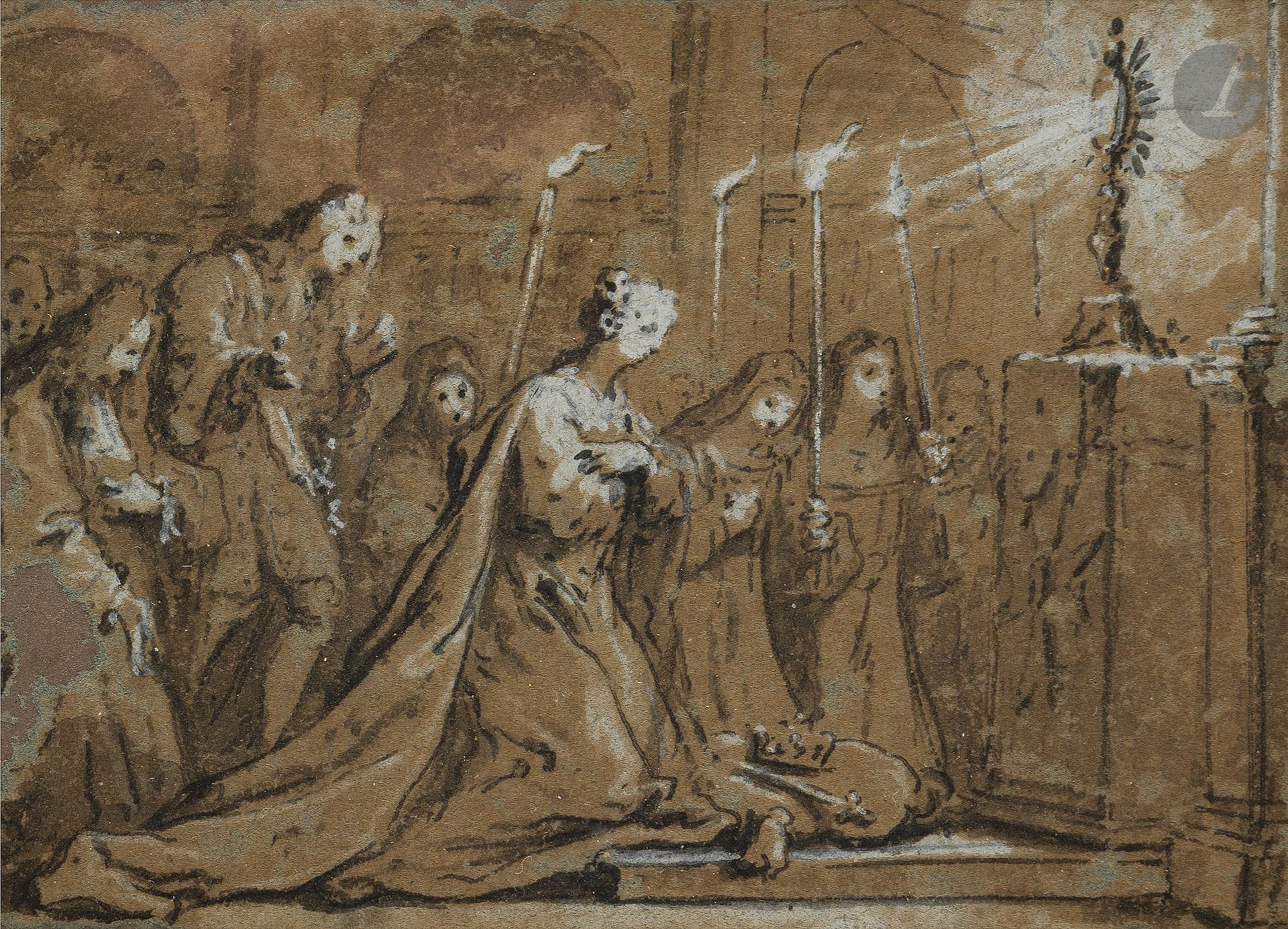 Claude Guy HALLE (Paris 1652 - 1736)
La Famille Royale adorant le Saint-Sacrement
Plume, encre brune, lavis brun et rehauts de gouache blanche sur papier anciennement bleu.
(Insolé, manque en bas à gauche, quelques épidermures).
7 x 9,9 cm