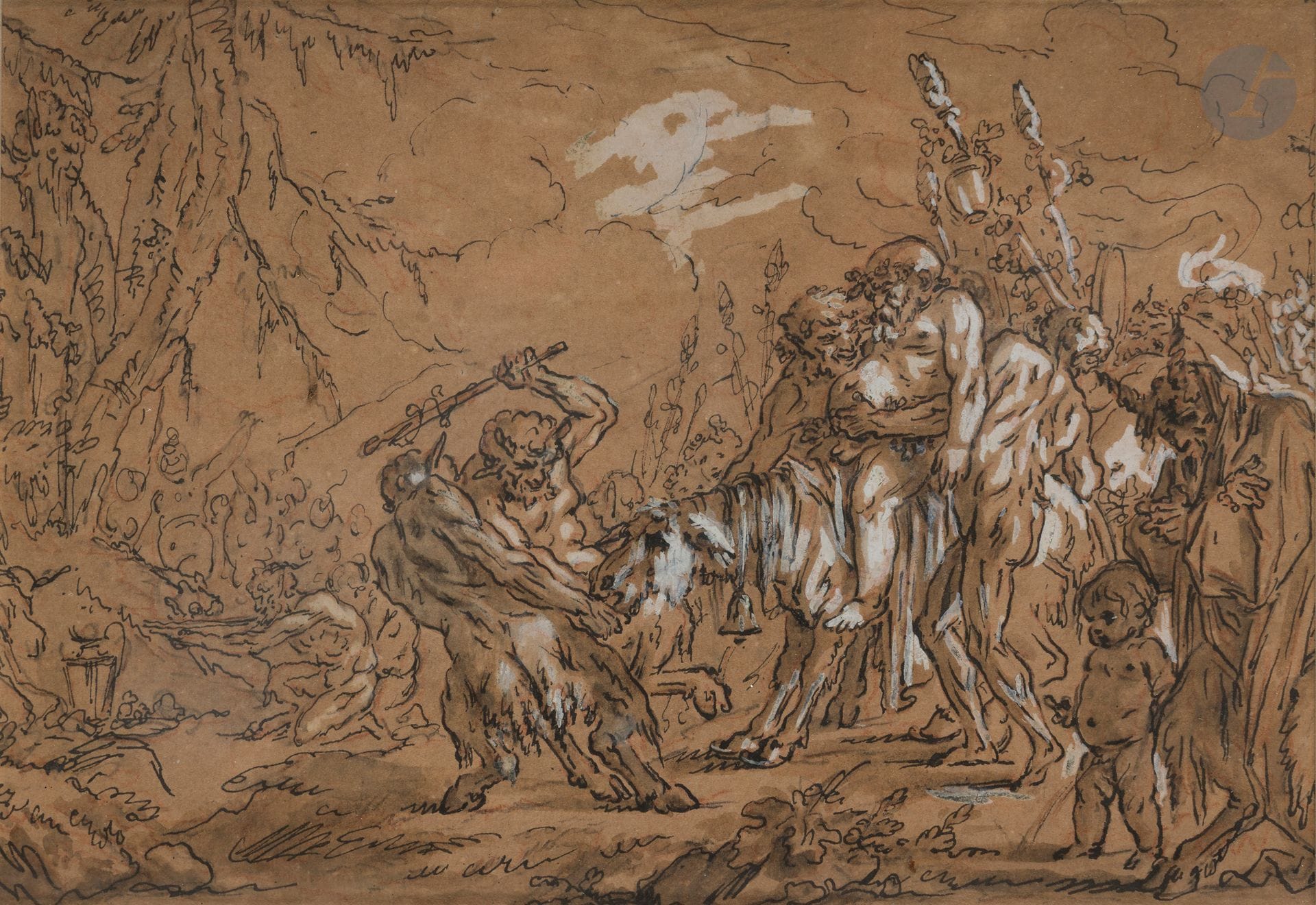 Louis-Félix de LA RUE (Paris 1730 - 1777)
L’Ivresse de Silène
Plume, encre noire, rehauts de gouache blanche et lavis gris sur traits de sanguine.
(Légèrement insolé, une tache en haut au centre).
14,6 x 21,5 cm

On joint une autre bacchanale de même format et technique.