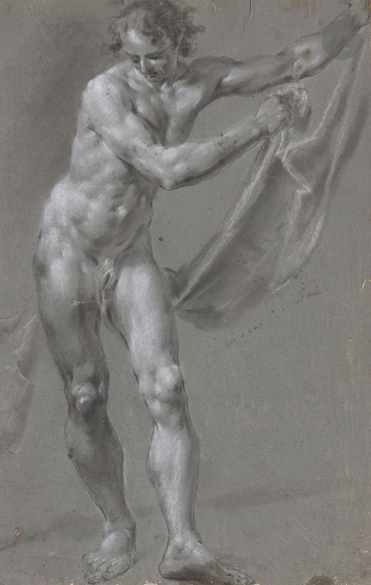 Francesco MONTI (Bologna 1685 - Brescia 1768)
Academy of a full-length man holding a drape
Black stone, shading and white chalk highlights on gray prepared paper.
(Small folds, stains, irregular edges, small holes).
44.5 x 29 cm