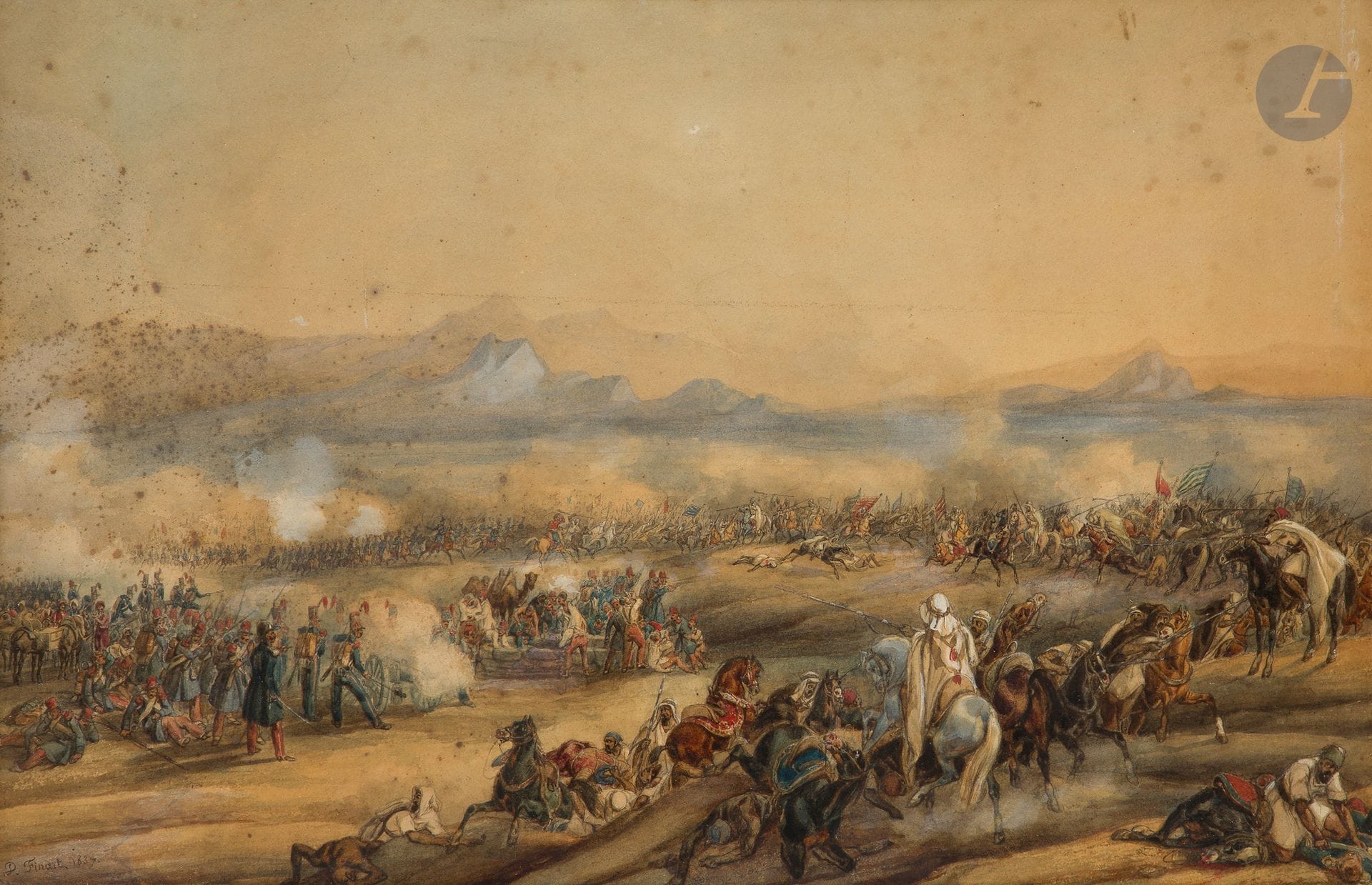 Noël-Dieudonné FINART (Condé-sur-l’Escaut 1797 - Paris 1852)
Scène de bataille orientaliste, 1837
Aquarelle sur traits de crayon.
Signée et datée en bas à gauche.
(Rousseurs et insolation).
30 x 46,5 cm