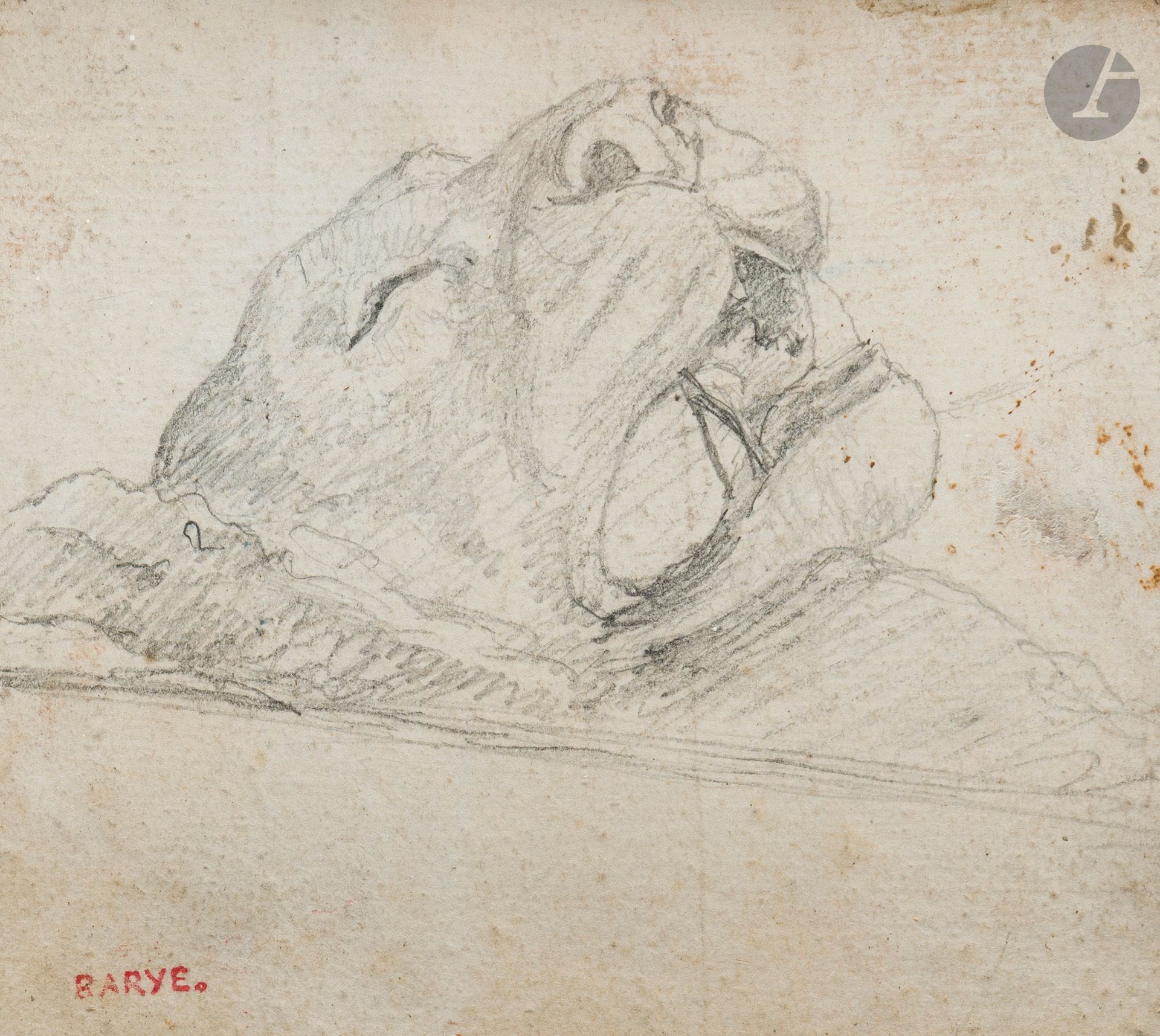 Antoine-Louis BARYE (1795 - 1875)
Tête de lionne
Crayon noir.
Cachet de l’atelier en bas à gauche (Lugt 220).
(Rousseurs et taches). 
10,5 x 11,5 cm