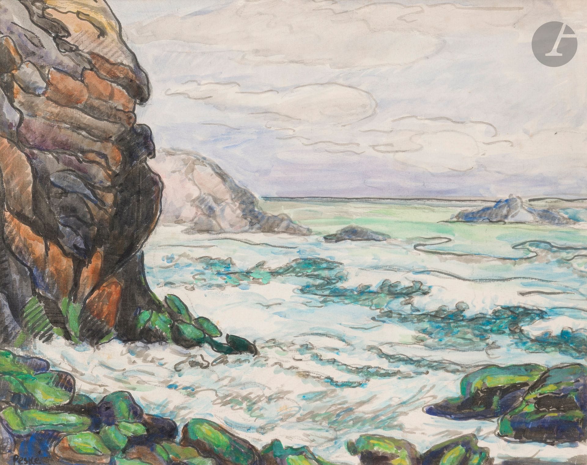 Jean Misceslas PESKÉ (1870-1949)
Bord de mer en Bretagne
Encre et aquarelle sur traits de crayon.
Signée en bas à gauche.
36,5 x 46 cm

Provenance:
Vente Biraben, Bergerac, 24 juin 2001, n°24.

Notre dessin est enregistré dans la base de données de l’Association Jean Peské en prévision de l’établissement du futur catalogue raisonné sous la référence CR2123.