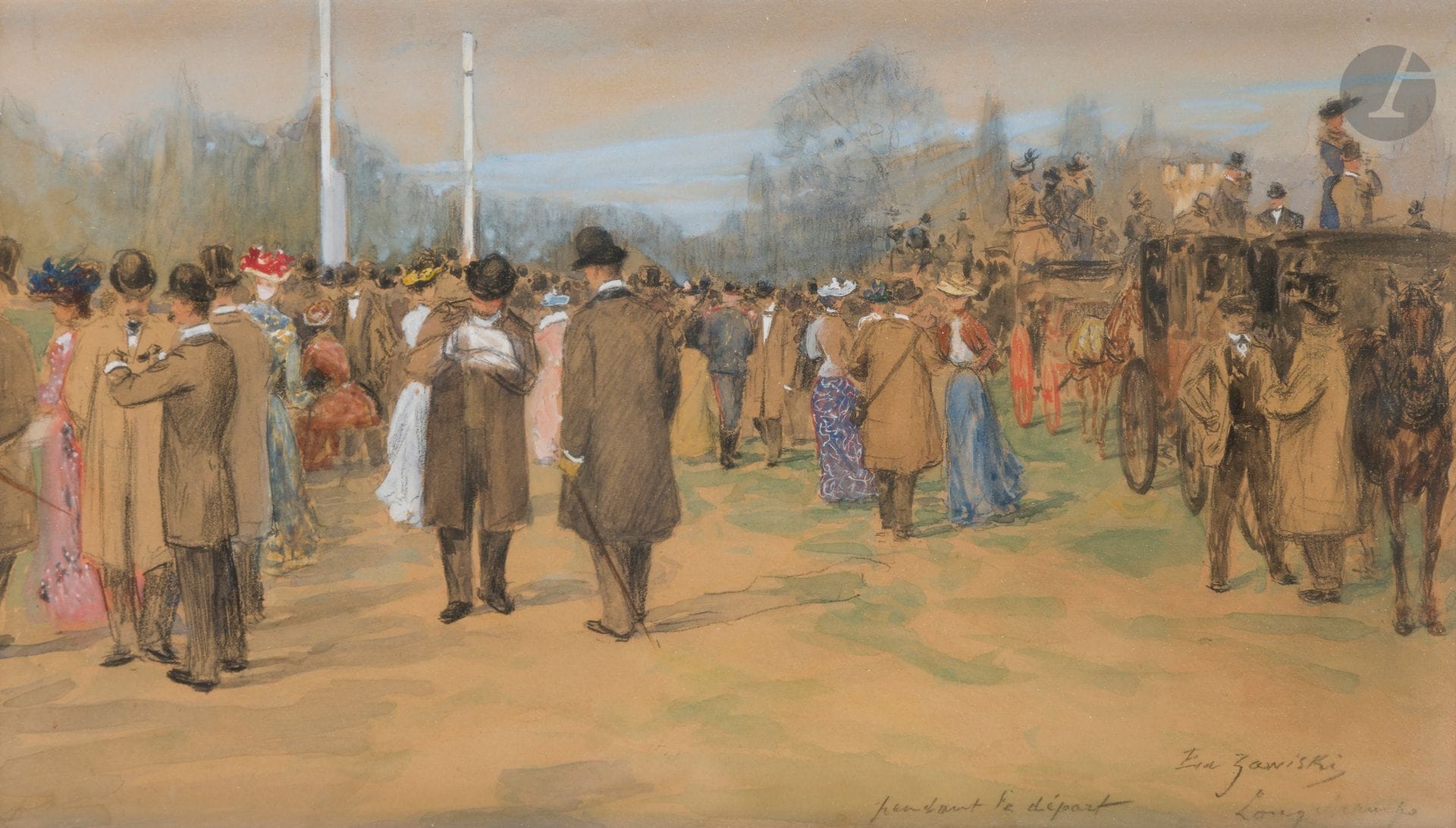Édouard ZAWISKI (1861 - ?)
Longchamp, during departure
Gouache and black pencil.
Signed, titled and located lower right.
18 x 31.5 cm