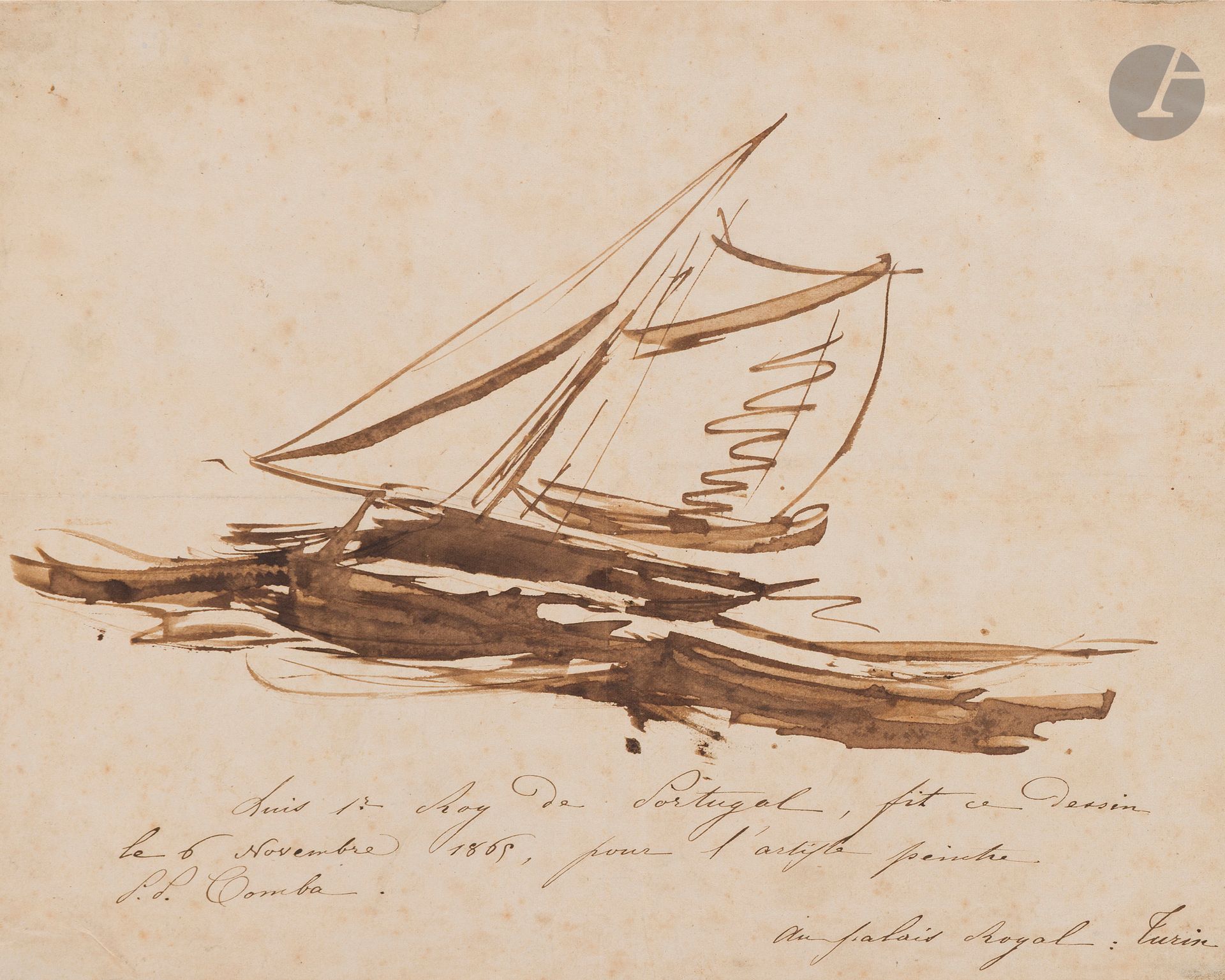 Louis Ier, roi du Portugal (1838 - 1889)
Voilier 
Plume, encre brune et lavis brun.
Légendée dans le bas: «Louis Ier, roi du Portugal, fit ce dessin le 6 novembre, 1865, pour l’artiste peintre Pierre Paul Comba /au Palais Royal Turin».
(Légèrement insolé, petites rousseurs, petites déchirures dans le haut et pliures).
19,3 x 24,2 cm

On joint un paysage arboré du même artiste, également légendé.