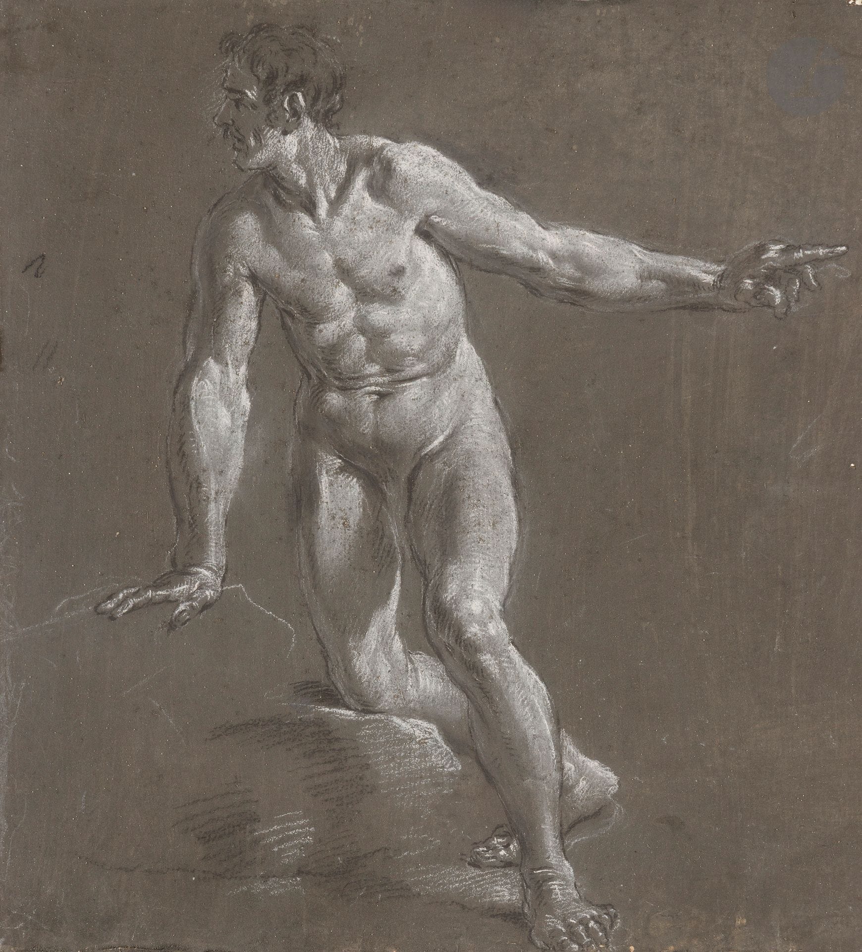 Francesco MONTI (Bologne 1685 - Brescia 1768)
Académie d’homme debout, le genou droit posé
Pierre noire, estompe et rehauts de craie blanche sur papier préparé en gris.
(Petites pliures dans le haut, petits trous et petites taches).
31,5 x 28 cm