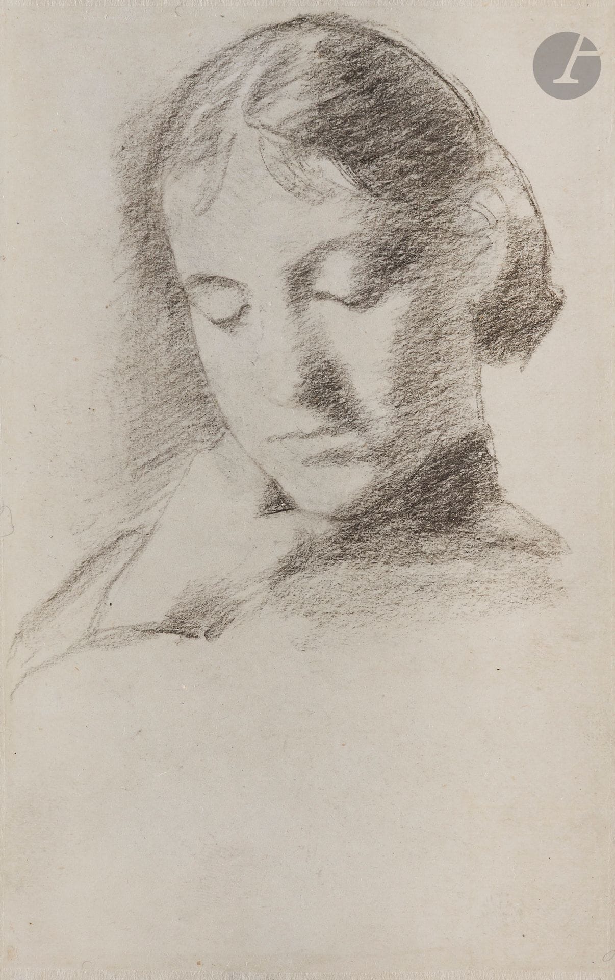 Fernand KHNOPFF (1858 - 1921)
Portrait présumé de Marguerite Khnopff, sœur de l’artiste
Crayon double face.
Cachet de la vente de l’atelier en bas à gauche (un peu effacé).
14,8 x 9,5 cm