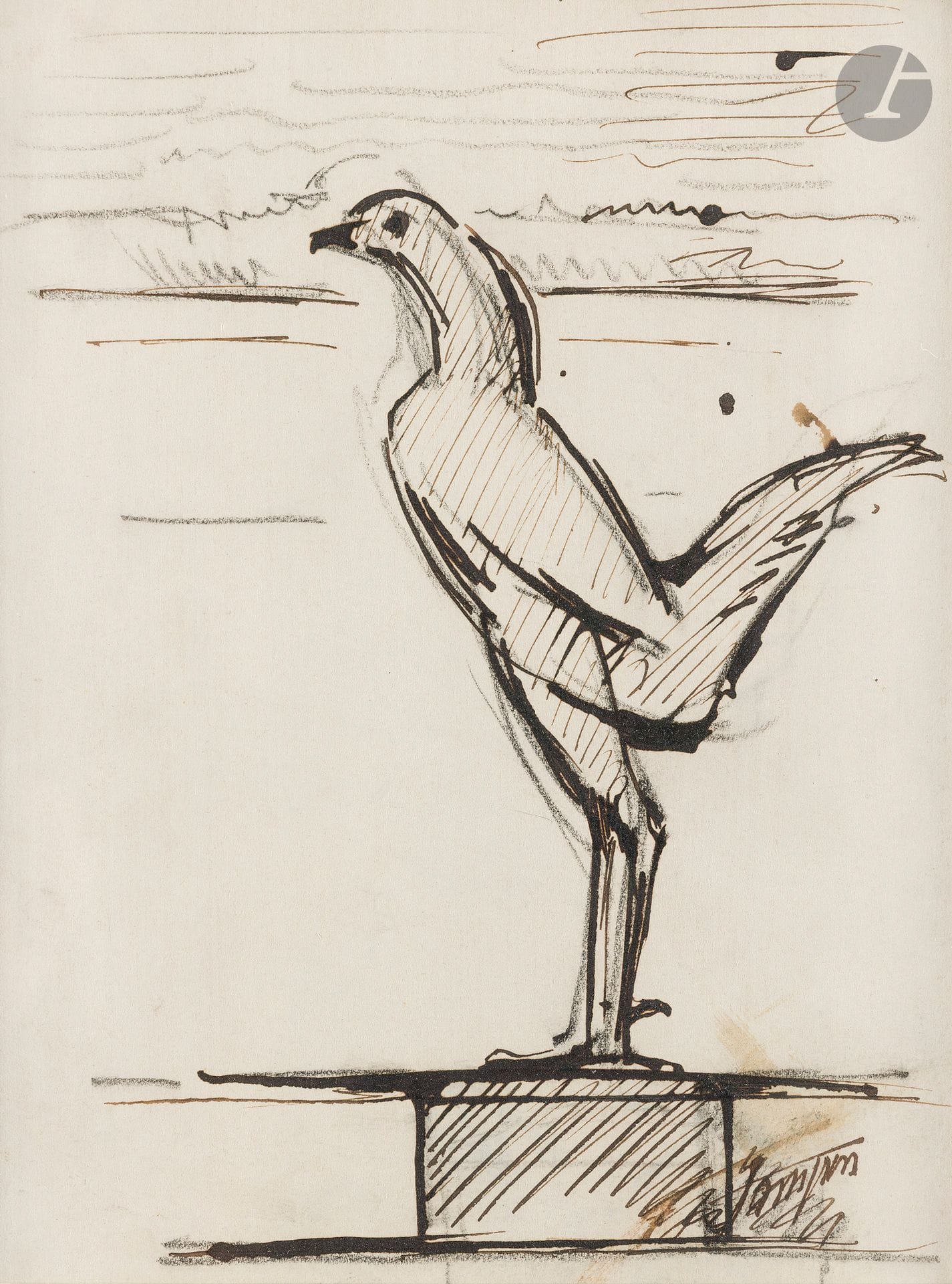François POMPON (1855 - 1933)
Poulet sur un piédestal
Encre sur traits de crayon.
Signée en bas à droite.
20,5 x 16 cm

Provenance: 
Vente Me Bellier, Hôtel Drouot, Paris, 28 janvier 1955, n°49B ou 49T.