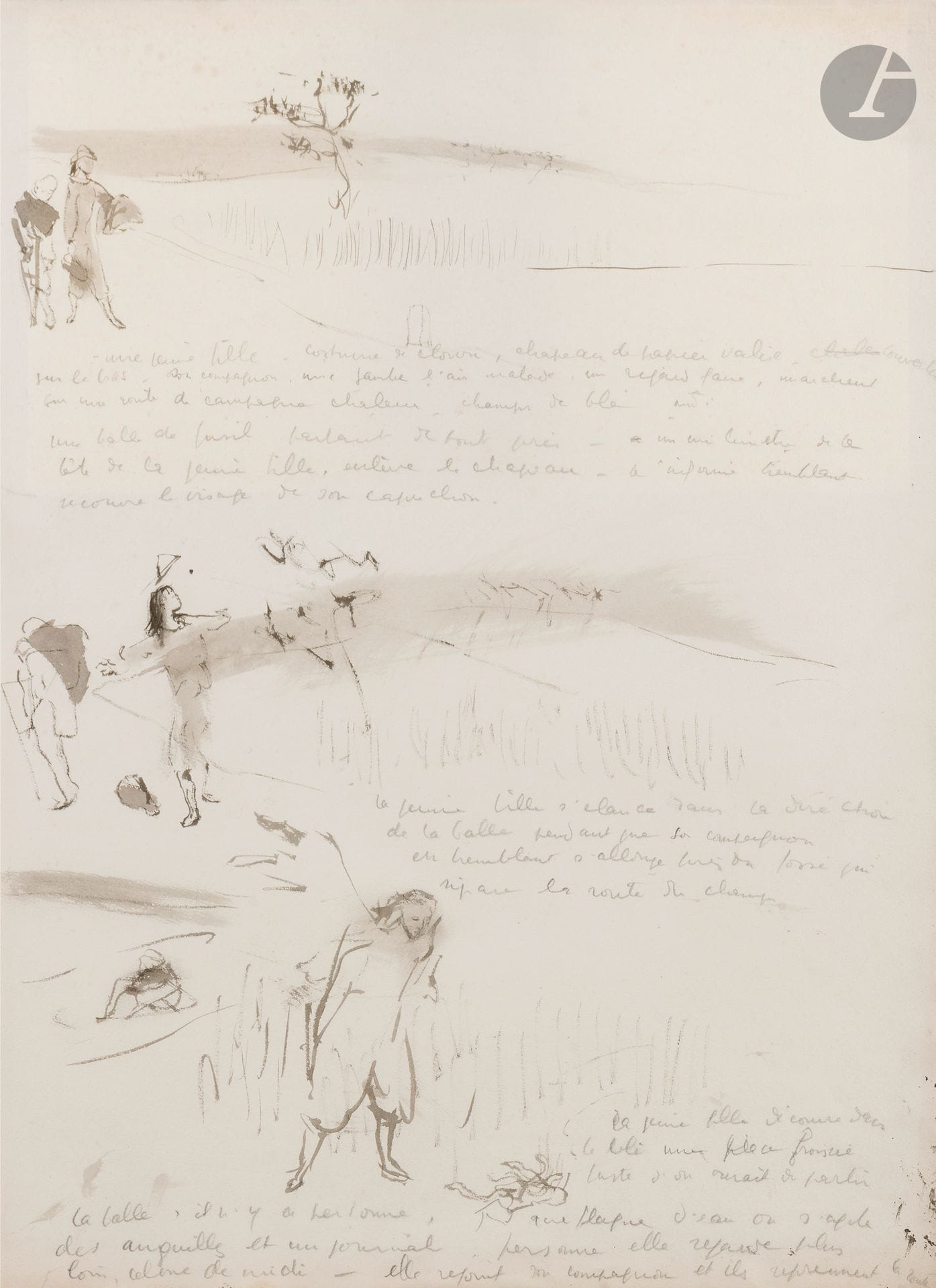 Christian BÉRARD (1902 - 1949)
Synopsis «Une jeune fille»
Encre, lavis d’encre et mine de plomb.
Sur une page de carnet. 
Non signée.
41 x 30 cm