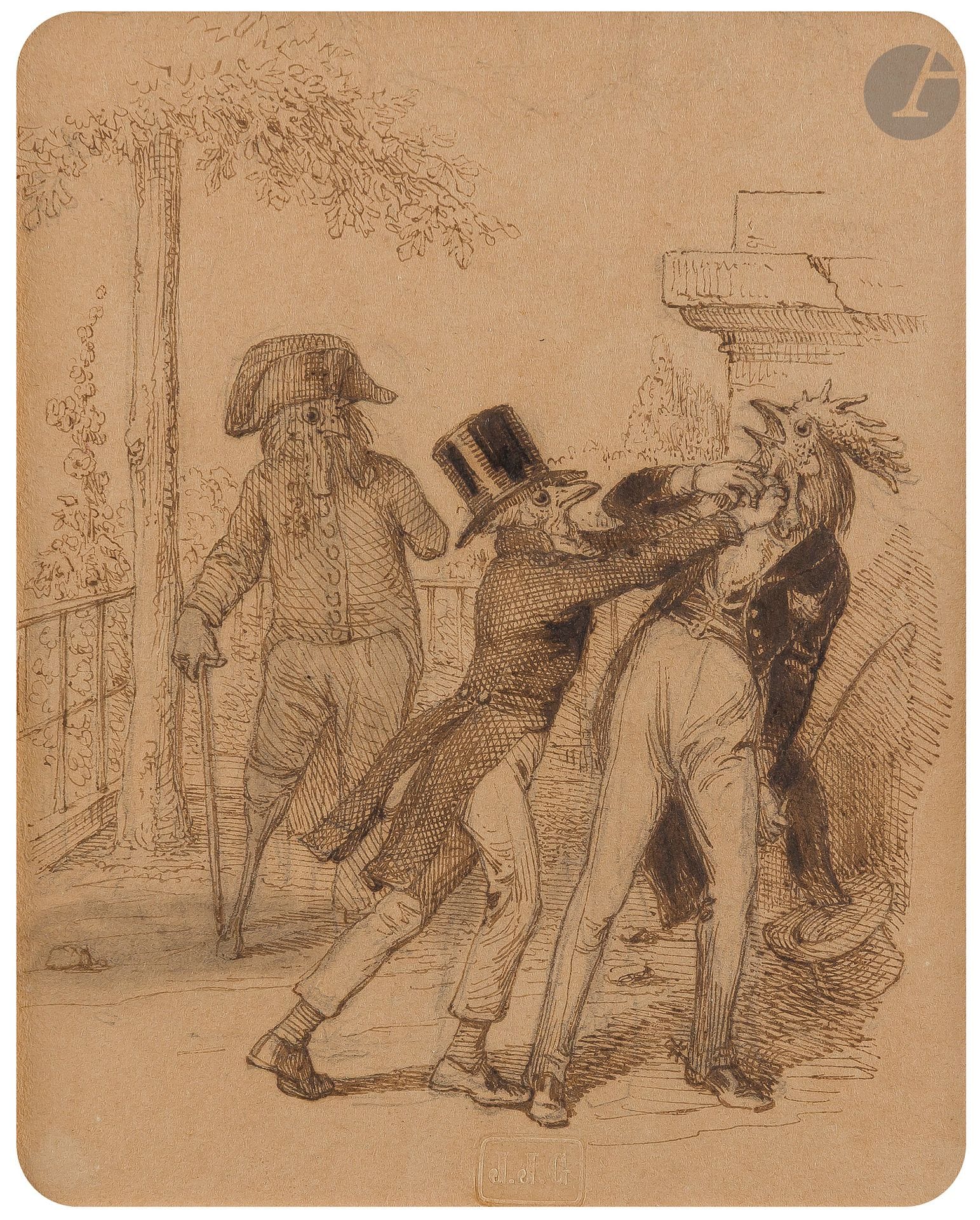 Jean Ignace Isidore GRANDVILLE (1803 - 1847)
Les Fables de Florian, Le Coq Fanfaron
Plume, encre brune et lavis gris.
Cachet sec de l’artiste en pied.
Cachet à sec de la vente de l’atelier en bas au centre (Lugt 1478a).
12 x 10 cm
