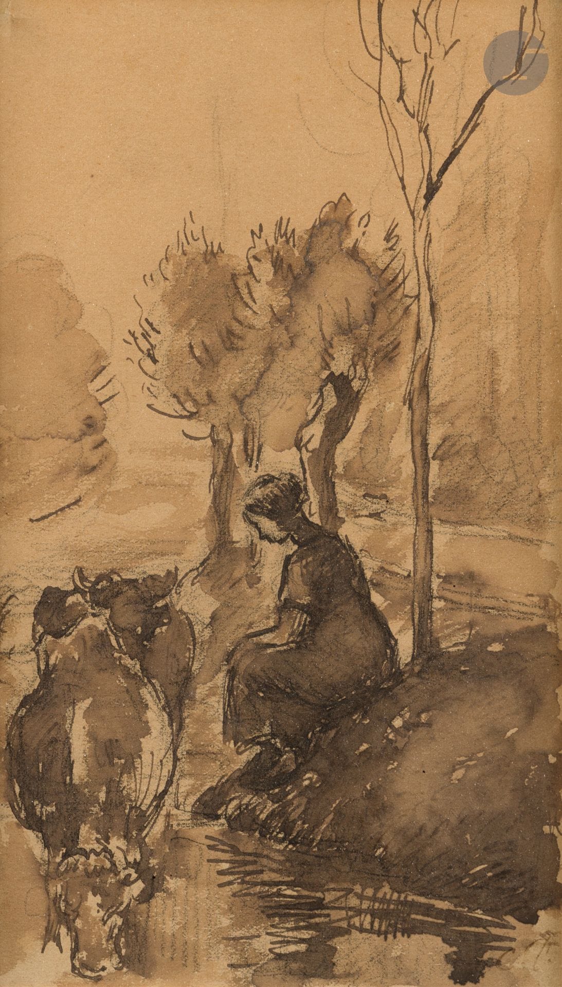 Camille PISSARRO (1830 - 1903)
Vachère au bord de l'eau - Study for etching, 1890
Pen and brown ink over black pencil lines.
Monogrammed in pen lower right.
20.5 x 11.5 cm

Provenance : 
Sagot-Legarec, then by descent.

Bibliography: 
Jean Leymarie, Les Gravures des Impressionnistes, ed. Arts et Métiers, 1971, cited under no. 93.

A certificate of inclusion in the Catalogue Raisonné being prepared by Joachim Pissarro, dated June 18, 2025, will be given to the buyer. 

Our drawing is a preparatory study in reverse for the 1890 etching, Vachère au bord de l'eau (see : Loys Delteil, Le Peintre Graveur Illustré, Paris, 1923, T. XVII, n°93). The etching was published in the Gazette des Beaux-Arts in May 1904.
