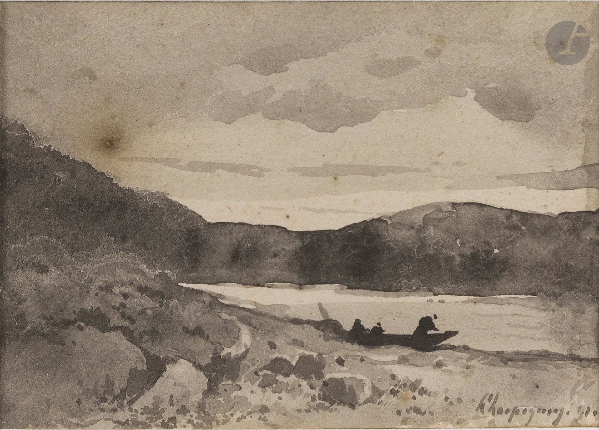 Henri Joseph HARPIGNIES (1819 - 1916)
Paysage lacustre, 1891
Encre et lavis d’encre.
Signée et datée en bas à droite. 
(Rousseurs).
7,5 x 11 cm

Cette œuvre sera incluse au catalogue raisonné en préparation par Monsieur Jean-Pierre Cappoen. Nous le remercions pour les informations qu’il nous a transmises.