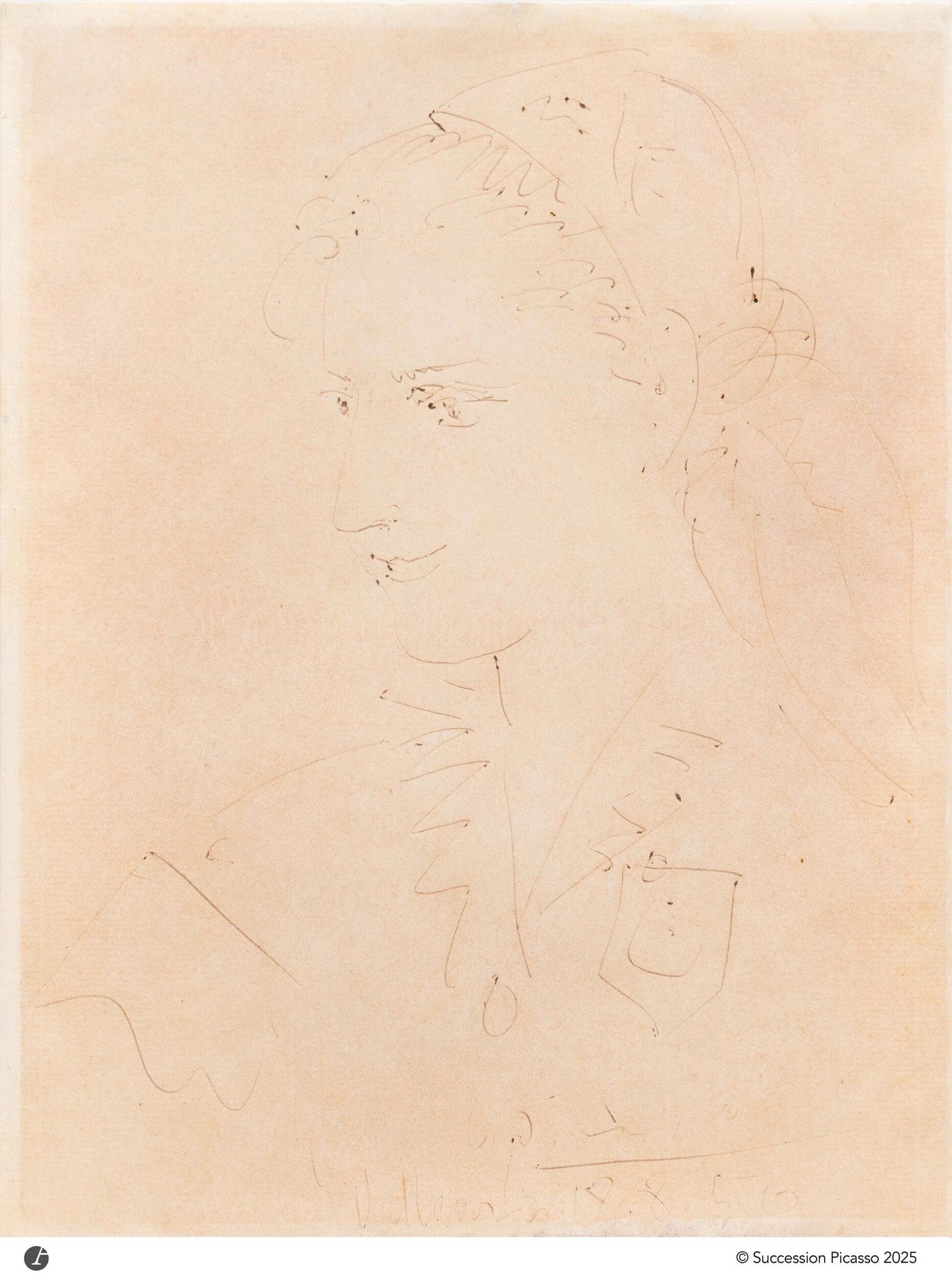 Pablo PICASSO (1881 - 1973)
Portrait de Jeanne Lessovoi, 18 août 1950
Stylo-bille sur papier Old Royal Manufactory Vidalon.
Signé, daté «18.08,50» et situé «Vallauris».
(Encre légèrement effacée, papier oxydé).
26,7 x 20,7 cm

Ce dessin est enregistré dans les archives du Comité Picasso sous la référence n°0245. 
Un certificat du Comité Picasso en date du 15 mai 2025 sera remis à l’acquéreur.