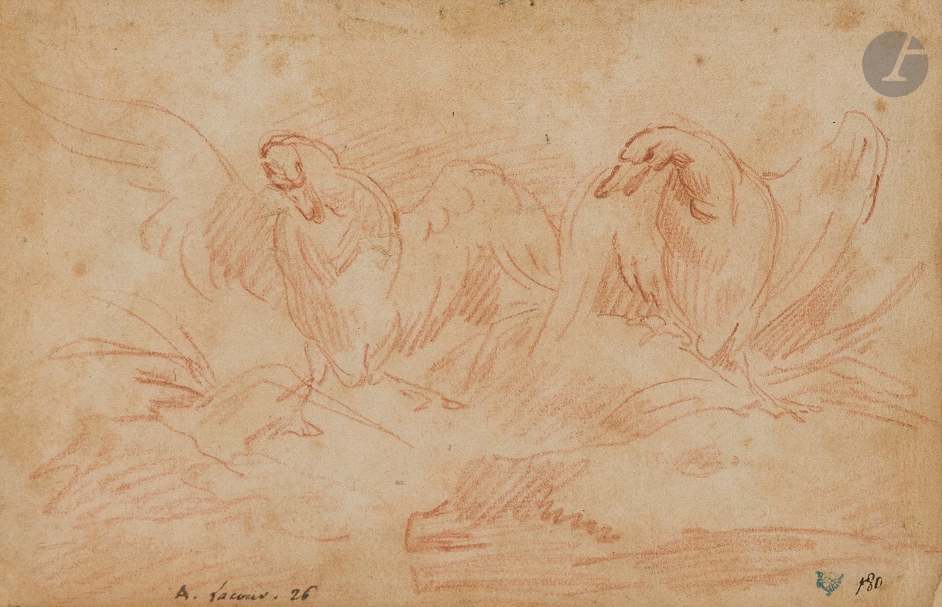 ÉCOLE FRANÇAISE du XVIIIe siècle
Études d’oies
Sanguine.
Annotée «A. Lacour. 26».
Cachets de collection.
13 x 20 cm