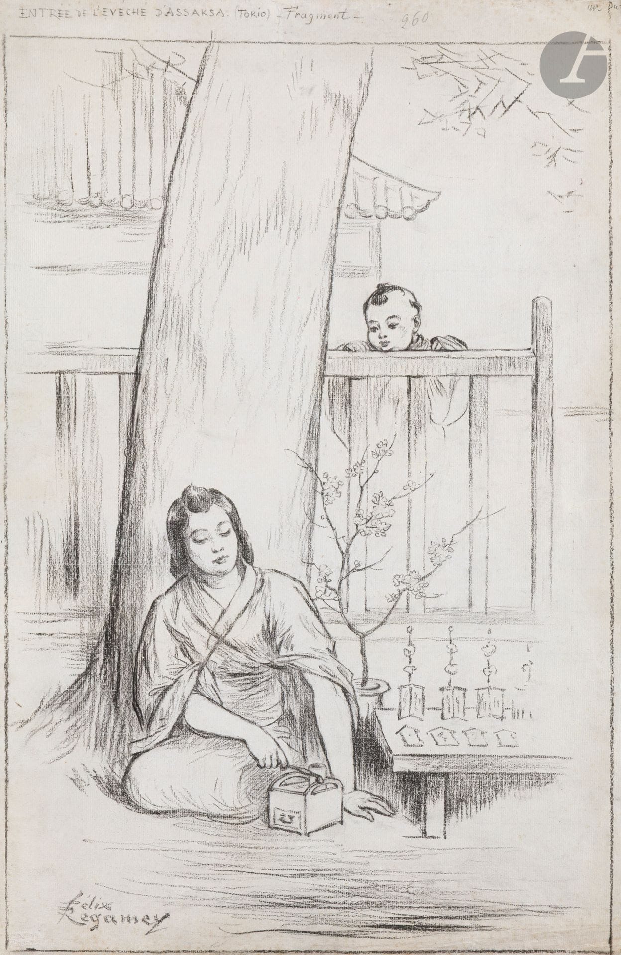 Félix-Élie RÉGAMEY (1844 - 1907)
Entrée de l’Évêché d’Assaksa (Tokio), vers 1893
Crayon noir.
Signé en bas à gauche.
Légendé en tête.
(Rousseurs et restaurations).
62 x 41 cm

Exposition: 
Société Nationale des Beaux-Arts, exposition de 1893, reproduit au catalogue p. 123.