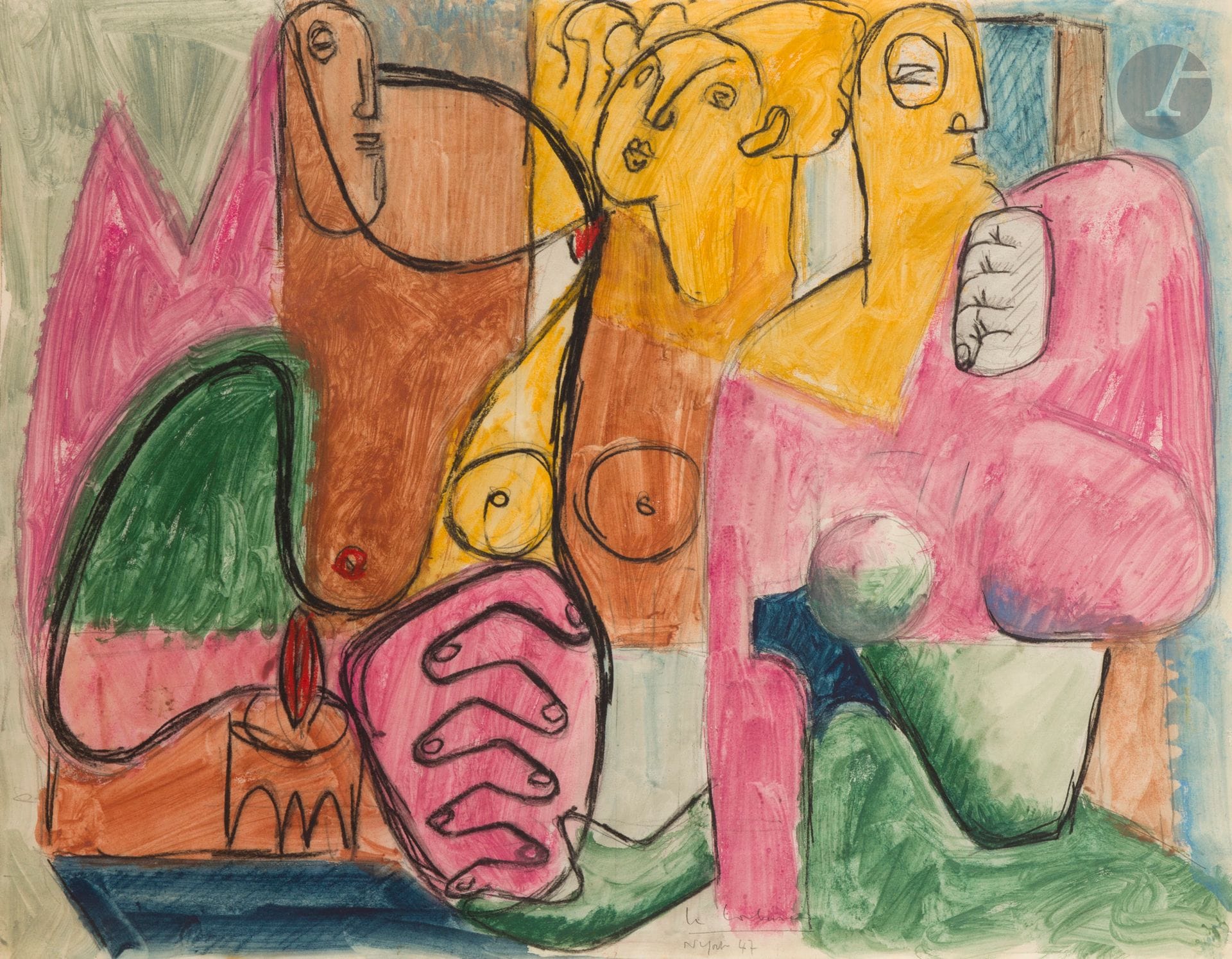 Charles-Édouard JEANNERET dit LE CORBUSIER (1887 - 1965)
Famille cocasse, 1947
Pastel lavé et mine graphite sur papier.
Signé, daté et situé en bas vers le milieu.
47,5 x 61 cm

Provenance: 
- Collection Costantino et Ruth Nivola, New York et East Hampton. Par descendance : Pietro Nivola, Washington DC.
- Collection particulière, Paris, depuis 2013.

Une attestation de Monsieur Éric Mouchet, en date du 11 décembre 2015, sera remise à l’acquéreur.